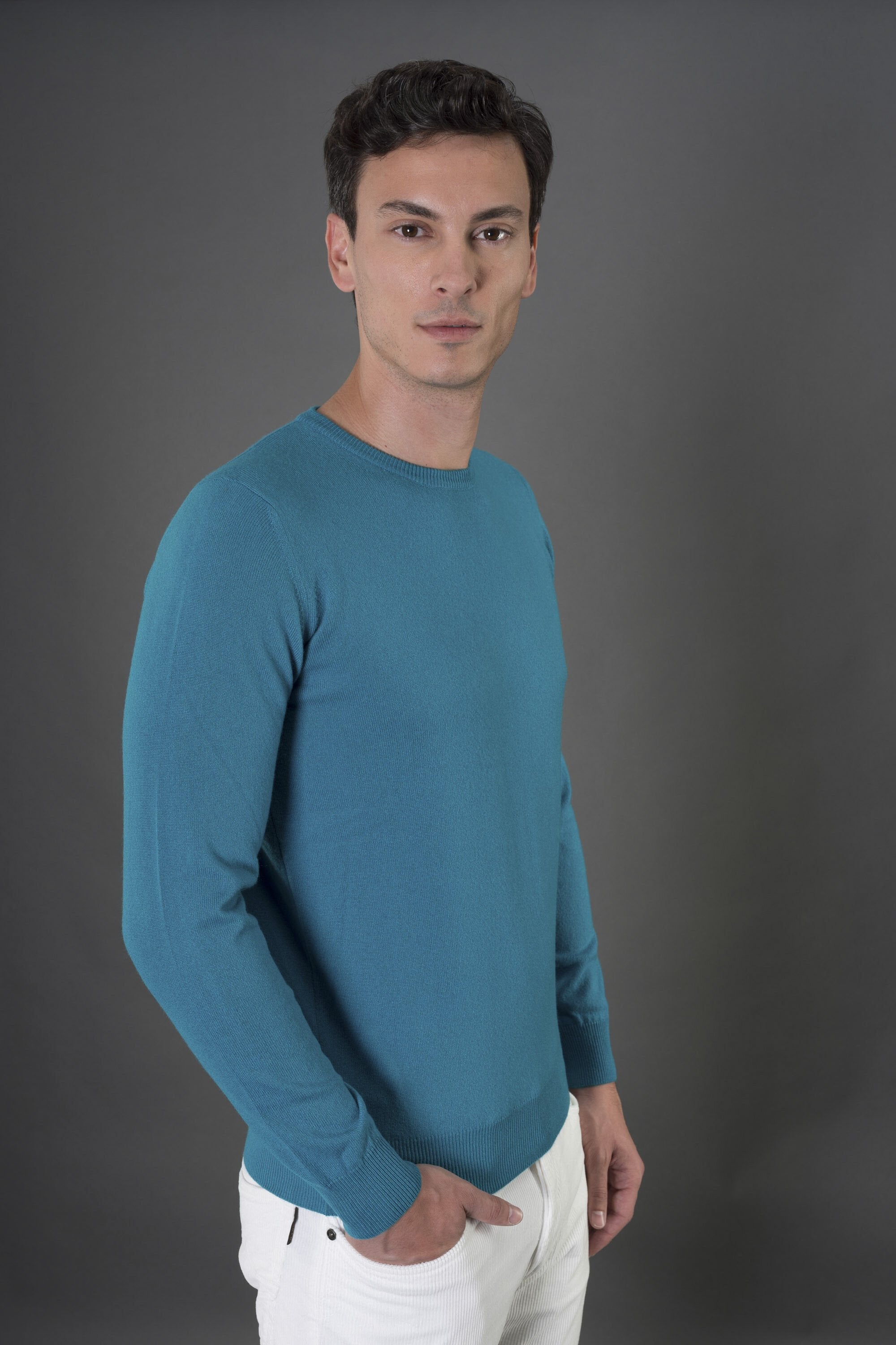 MOORER MEN'S TEAL CREW NECK KNIT SWEATER
