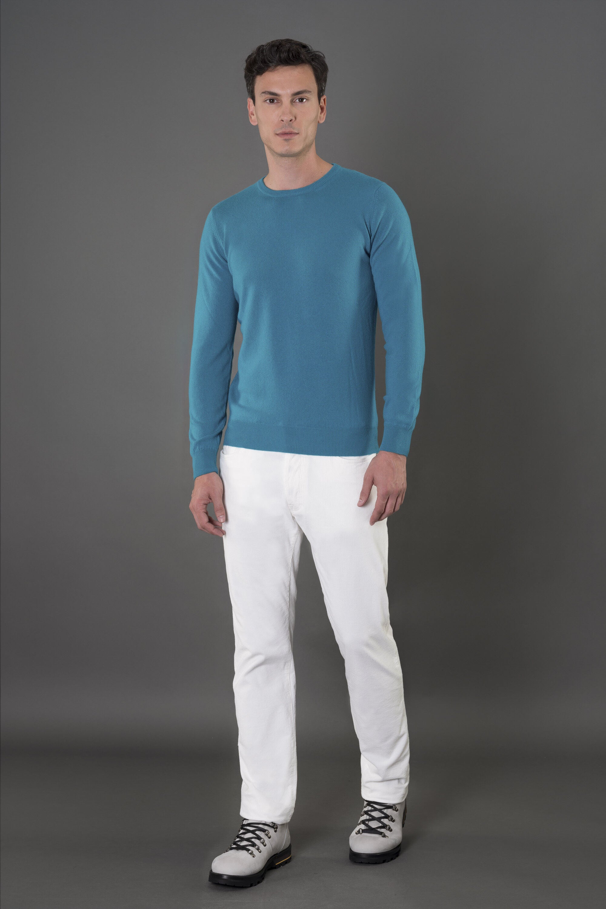 MOORER MEN'S TEAL CREW NECK KNIT SWEATER