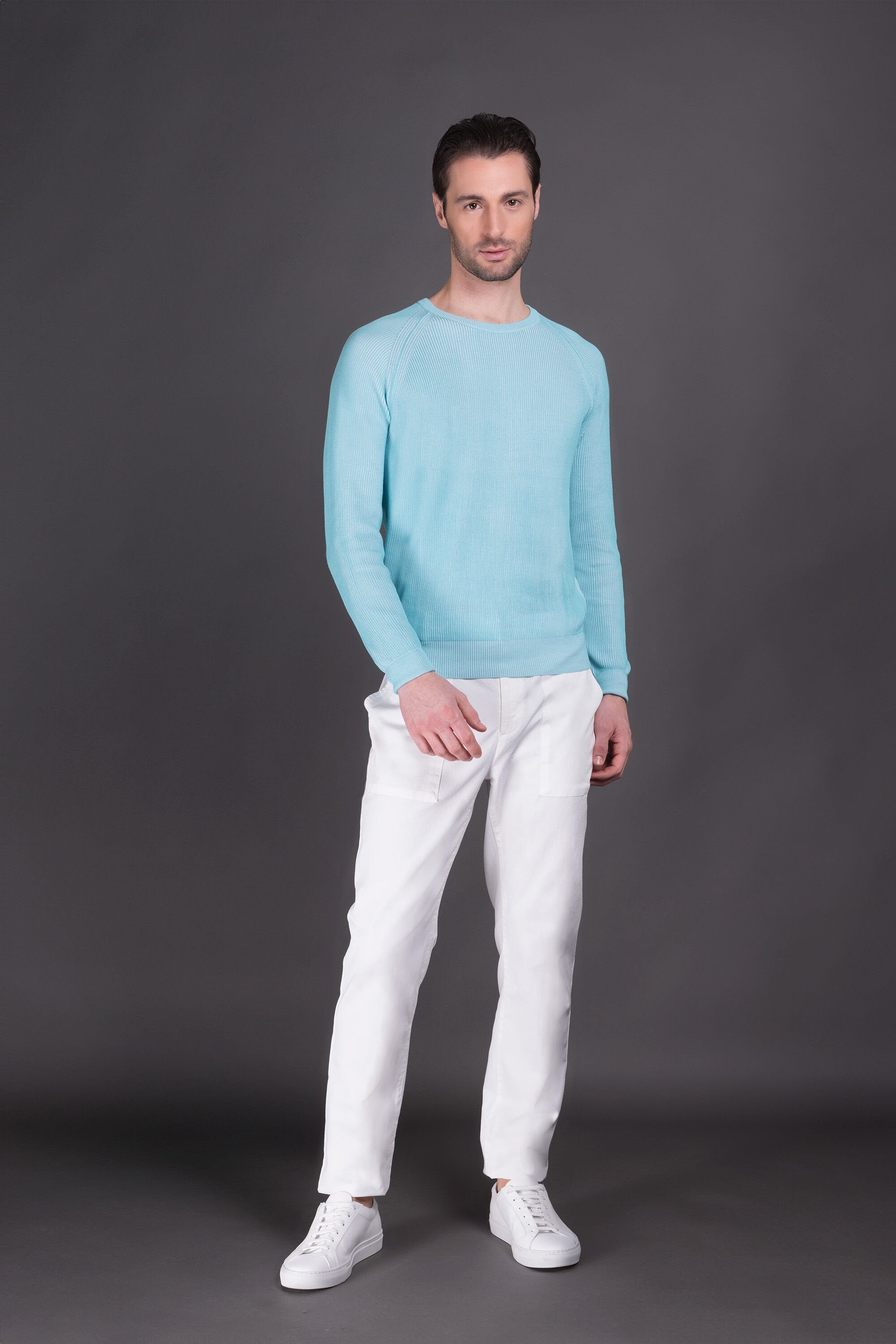 MOORER MEN'S CARIBBEAN TURQUOISE RIBBED KNIT SWEATER