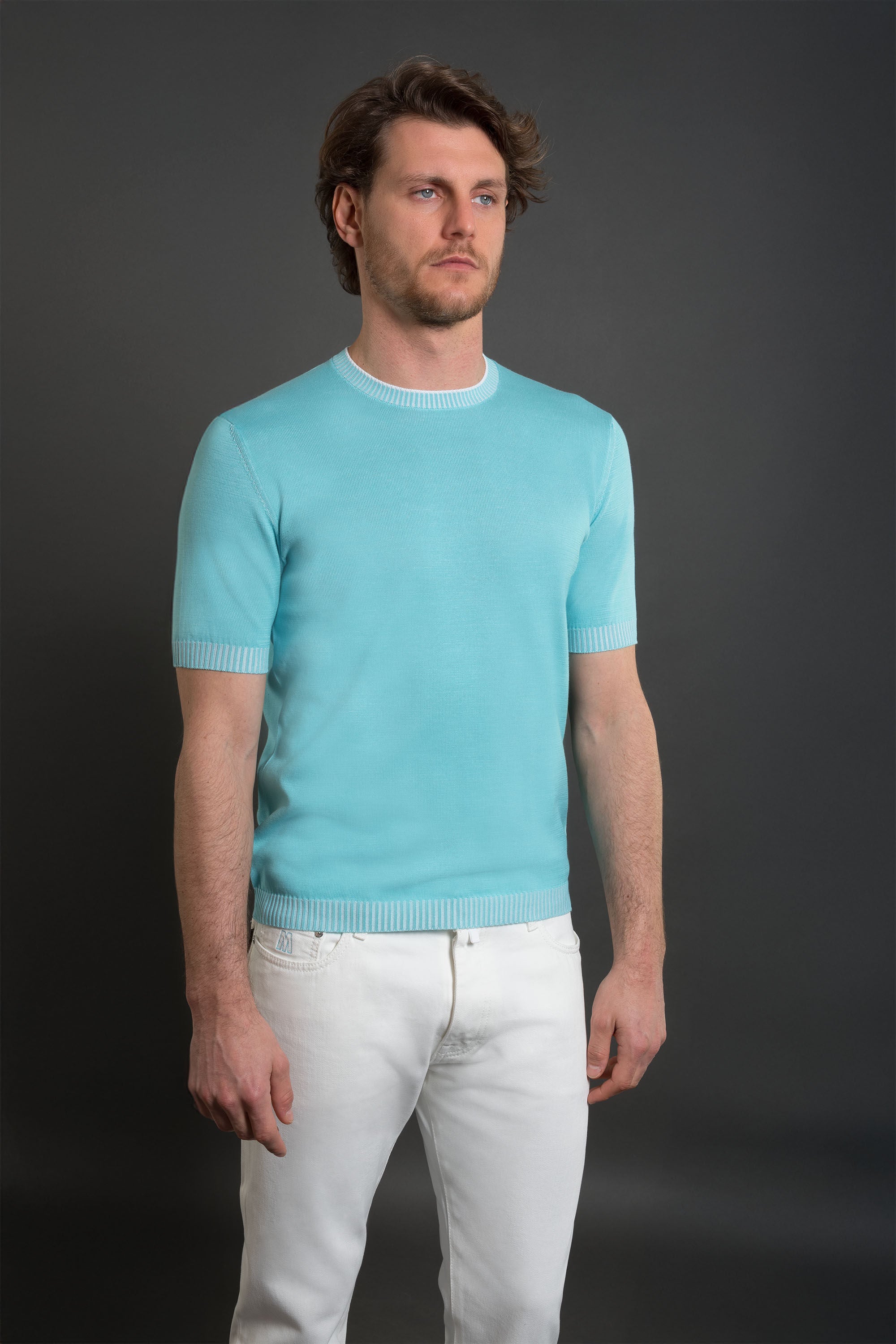 MOORER MEN'S LIGHT BLUE SHORT SLEEVE SWEATER