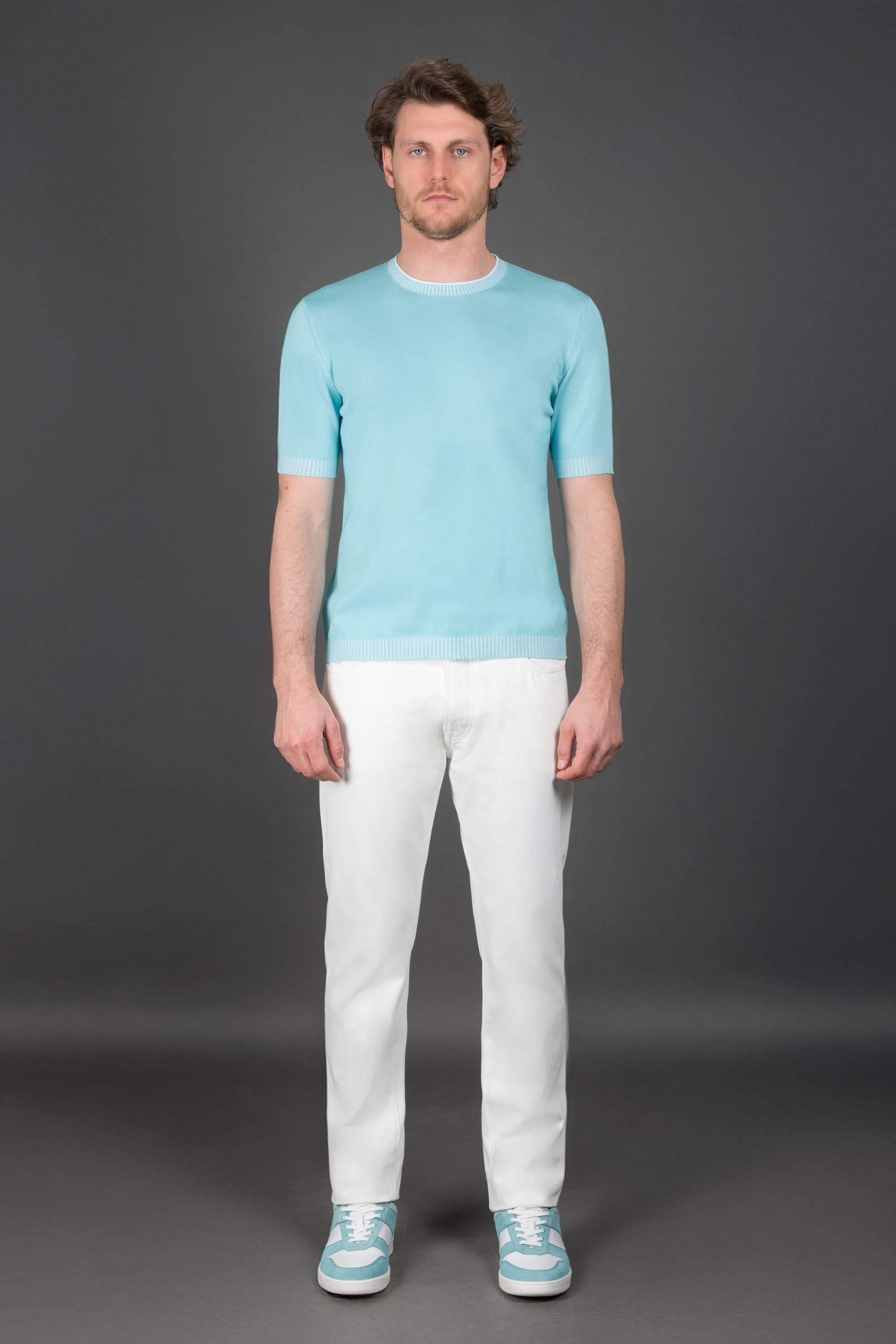MOORER MEN'S LIGHT BLUE SHORT SLEEVE SWEATER