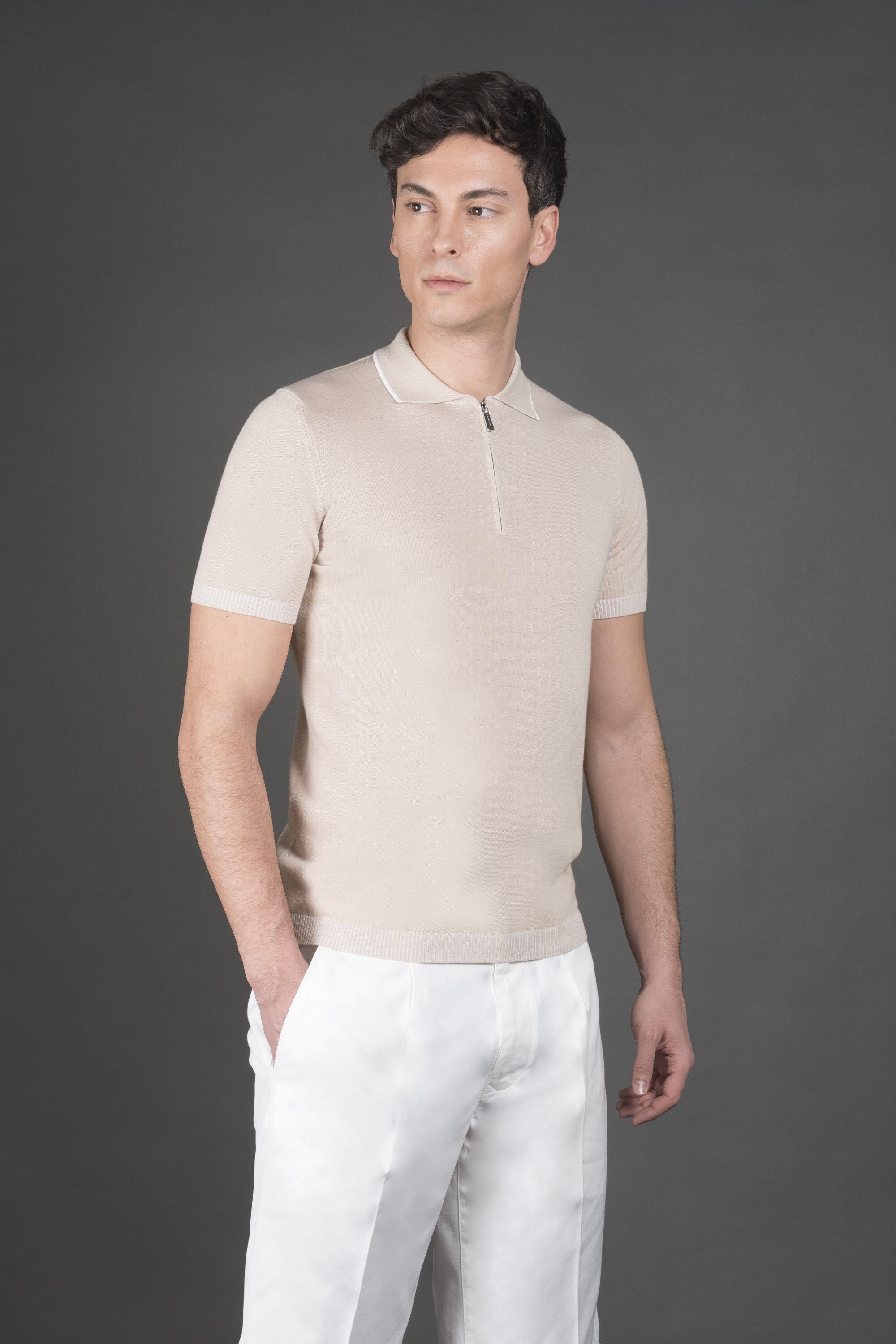 MOORER MEN'S BEIGE SHORT SLEEVE SWEATER