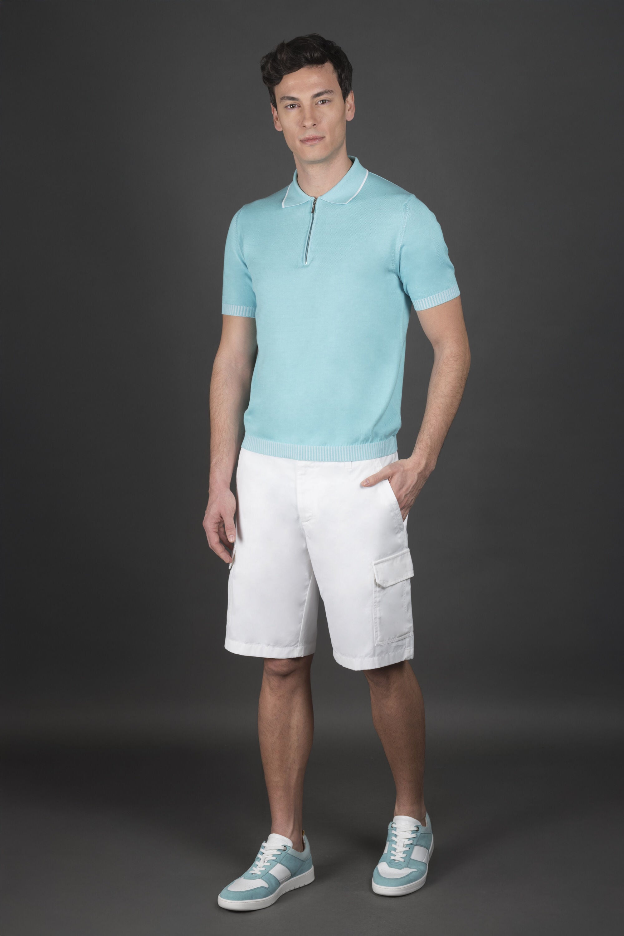 MOORER MEN'S LIGHT BLUE ZIP COLLAR SWEATER