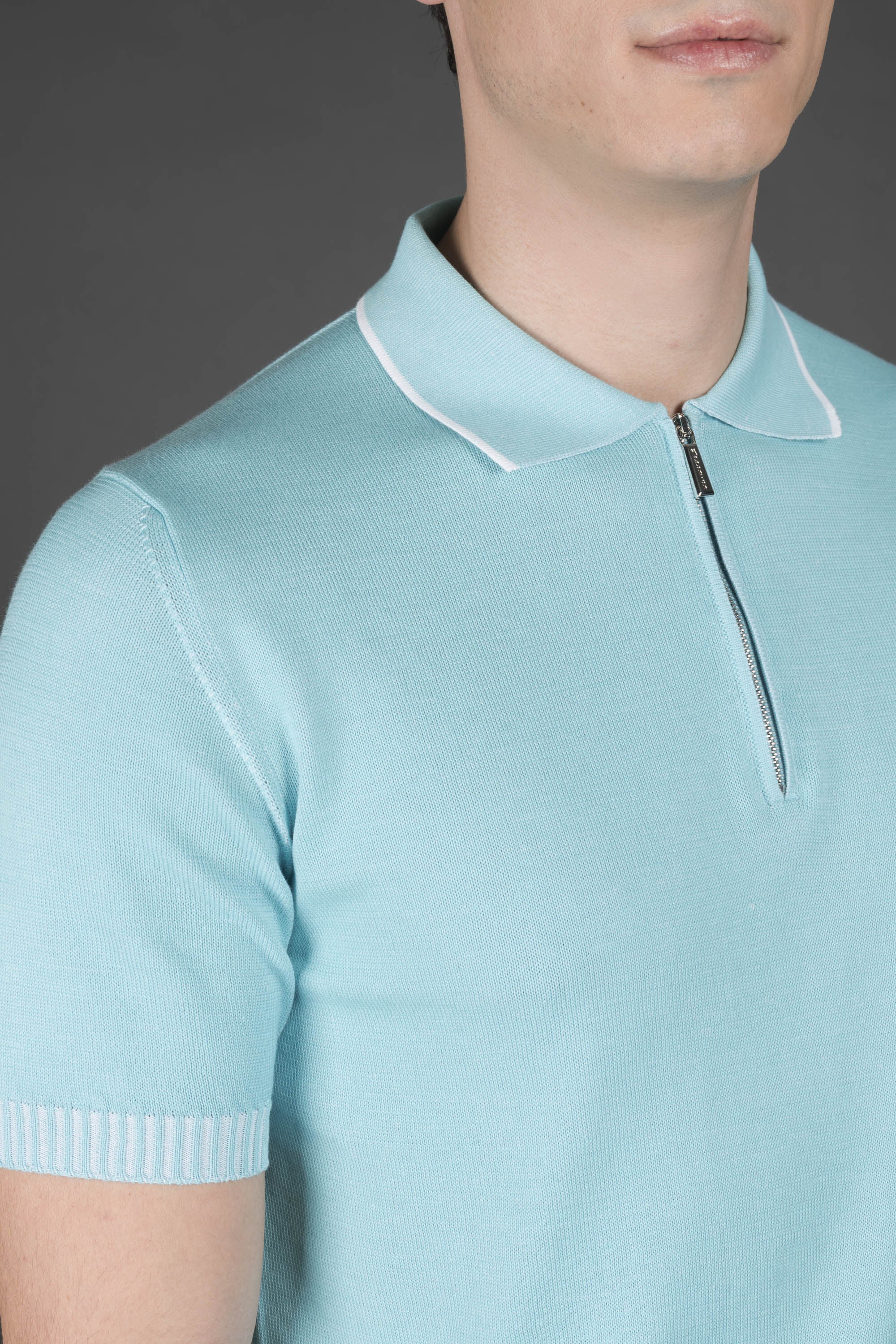 MOORER MEN'S LIGHT BLUE ZIP COLLAR SWEATER