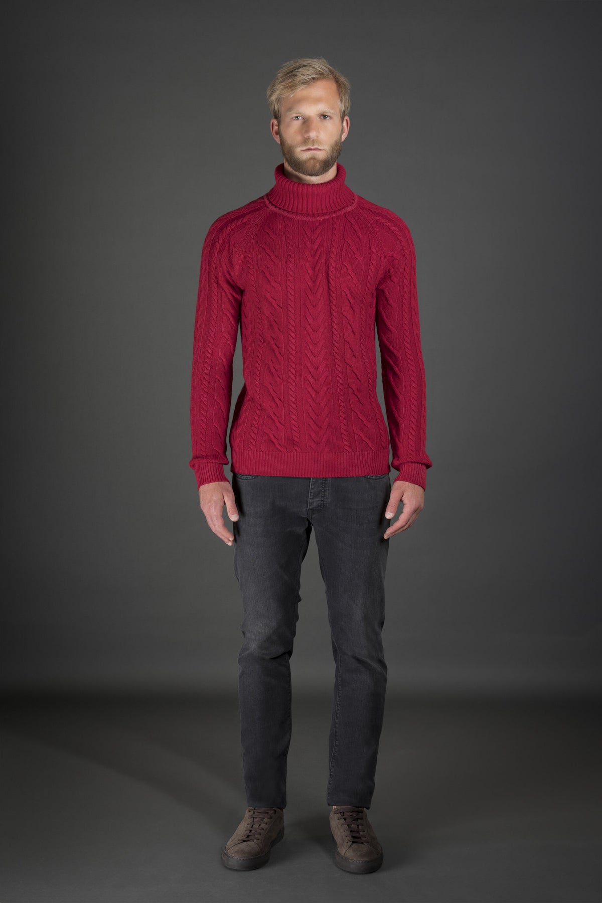 MOORER MEN'S RED CABLE KNIT SWEATER