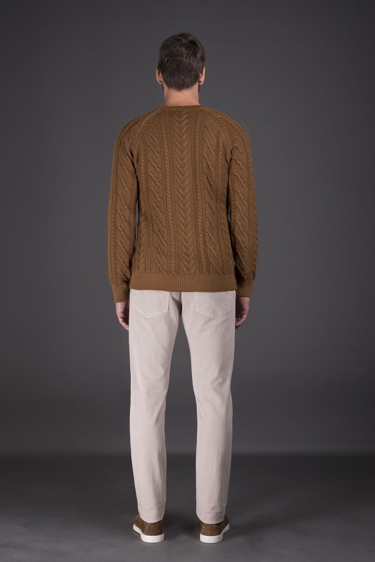 MOORER MEN'S BROWN CABLE KNIT SWEATER