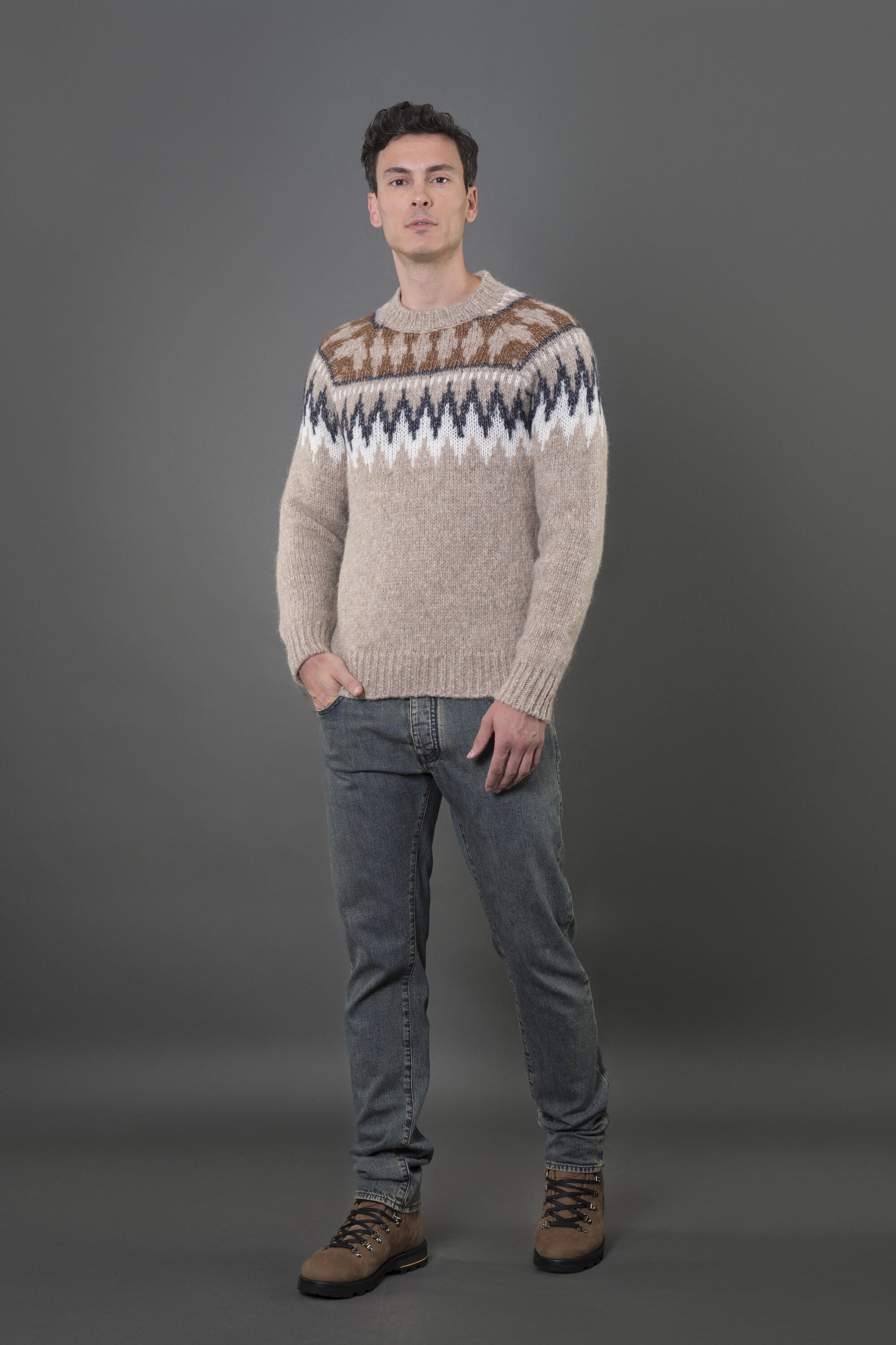 MOORER MEN'S BEIGE PATTERNED KNIT SWEATER
