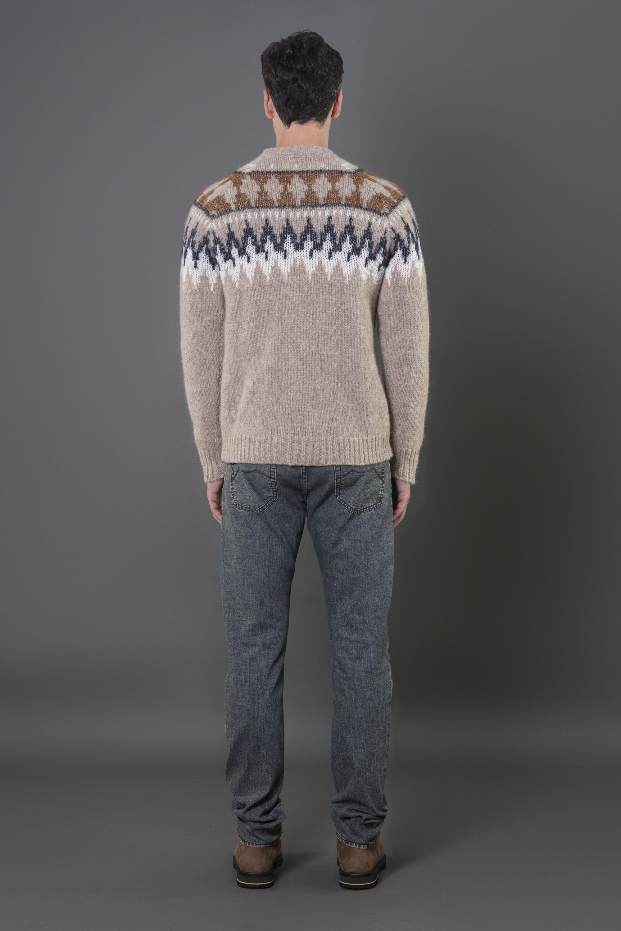 MOORER MEN'S BEIGE PATTERNED KNIT SWEATER