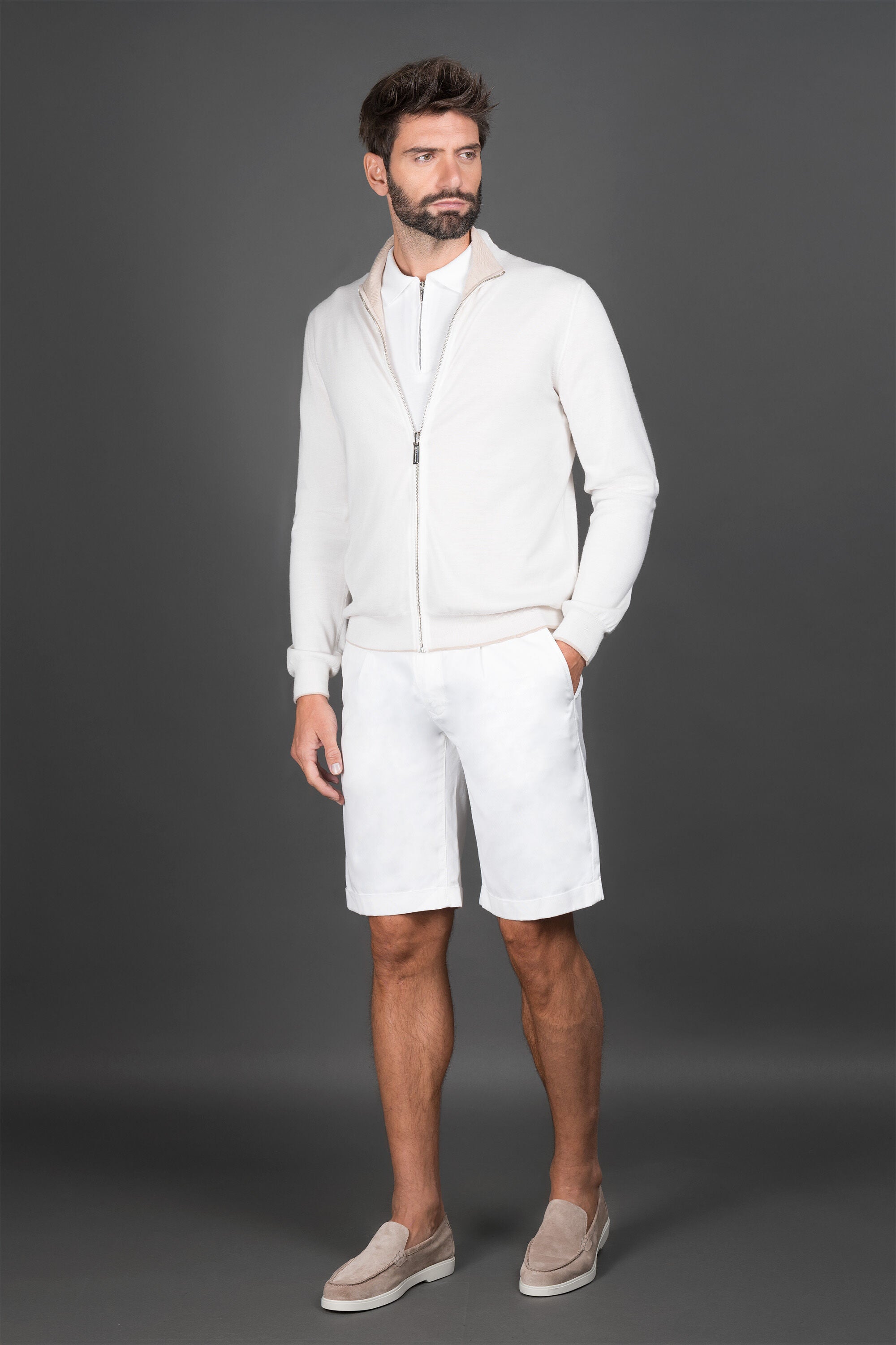 MOORER MEN'S WHITE ZIP FRONT SWEATER