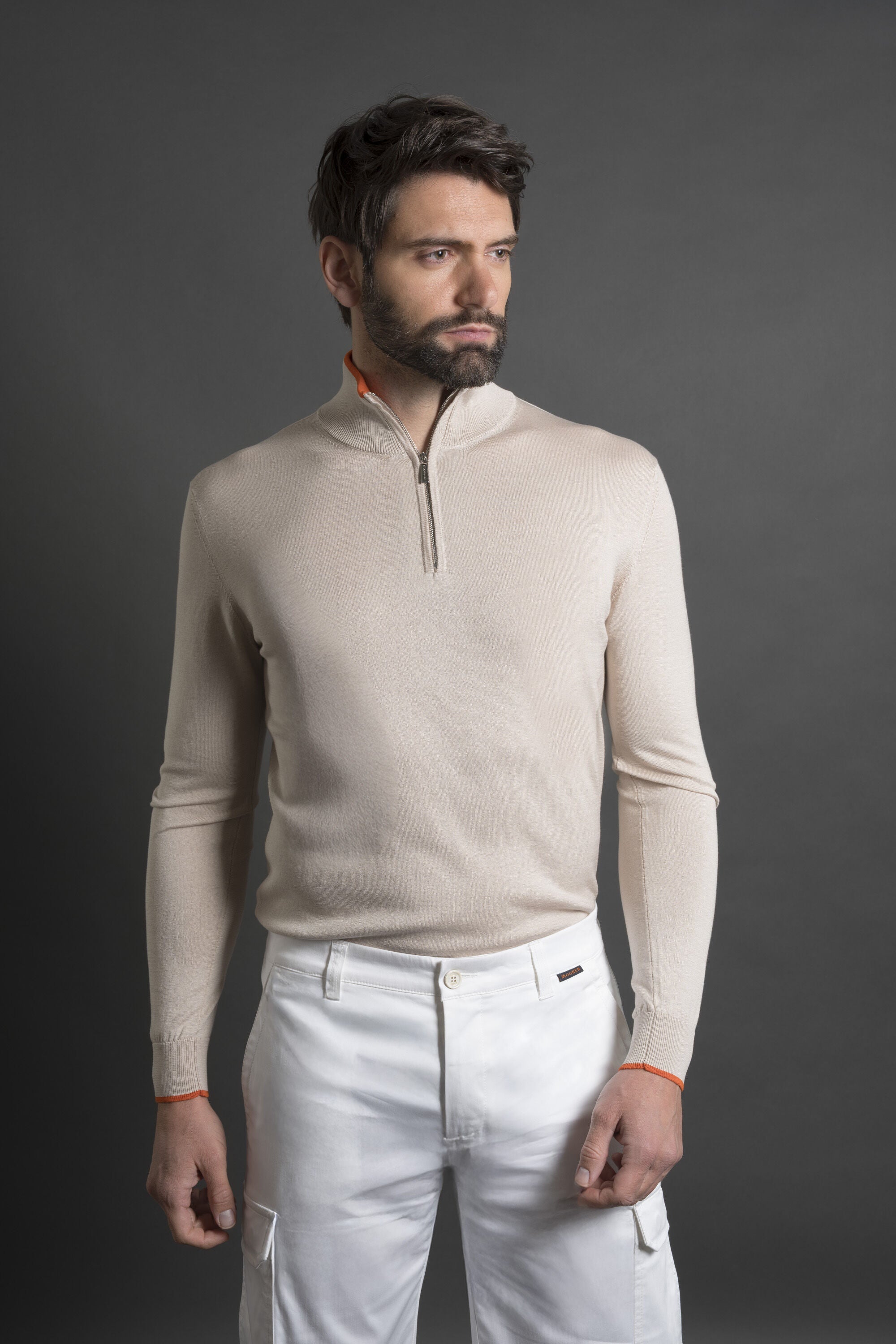 MOORER MEN'S BEIGE ZIP COLLAR SWEATER
