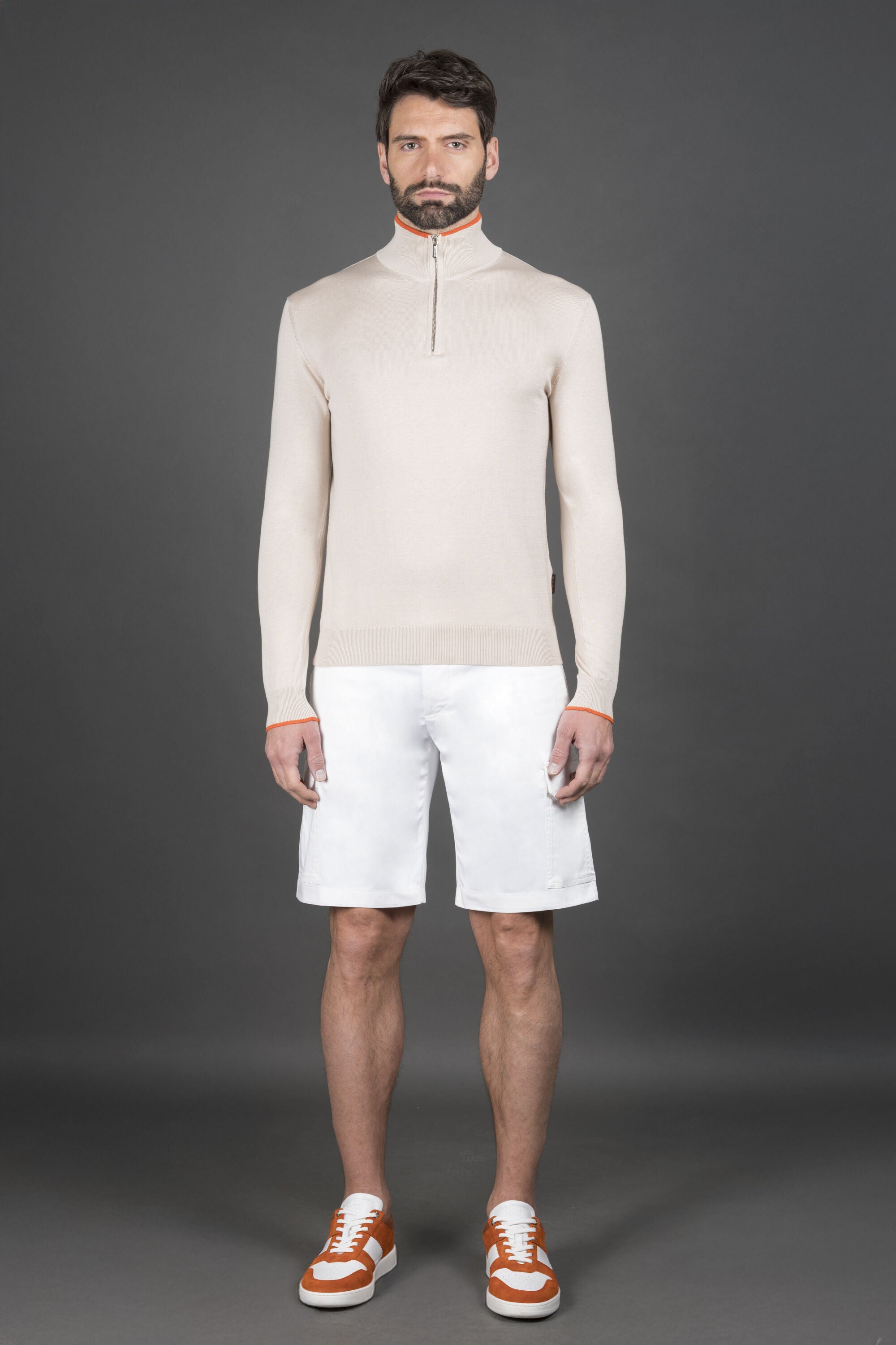MOORER MEN'S BEIGE ZIP COLLAR SWEATER