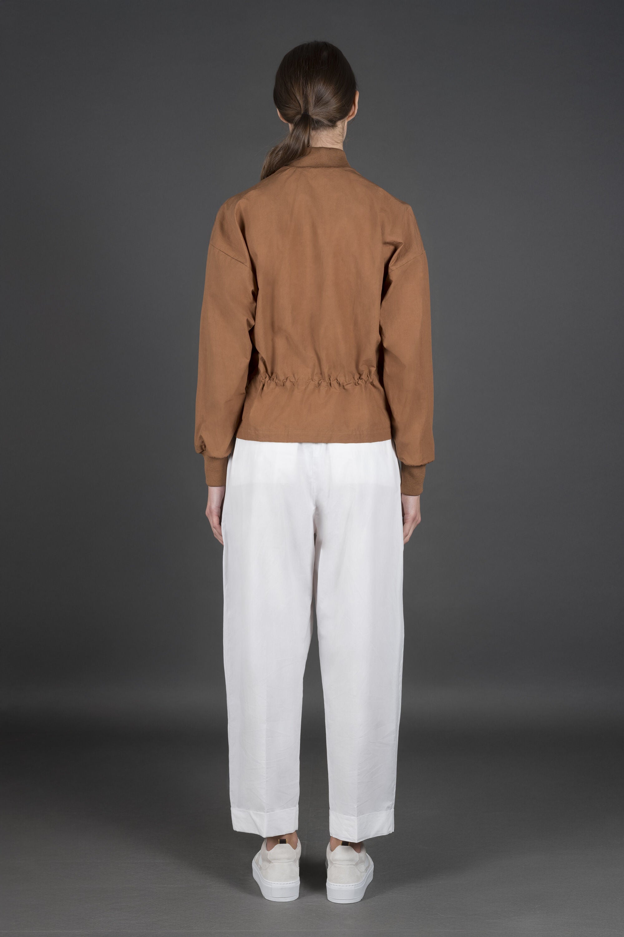 MOORER WOMEN'S TOBACCO BOMBER JACKET WITH DRAWSTRING