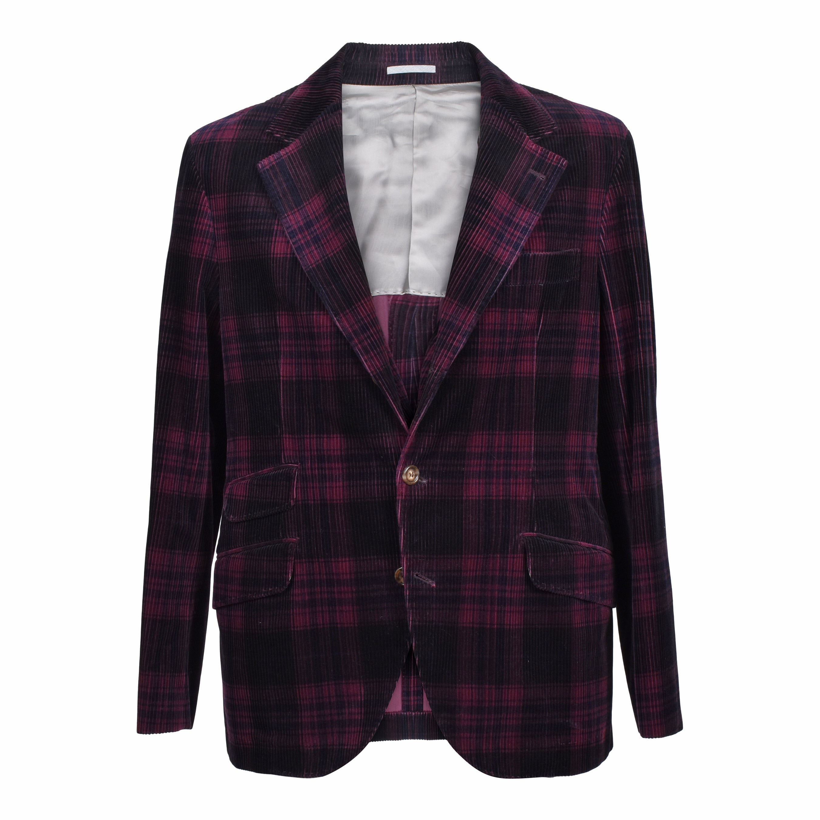 BRUNELLO CUCINELLI MEN'S BURGUNDY PLAID CORDUROY BLAZER