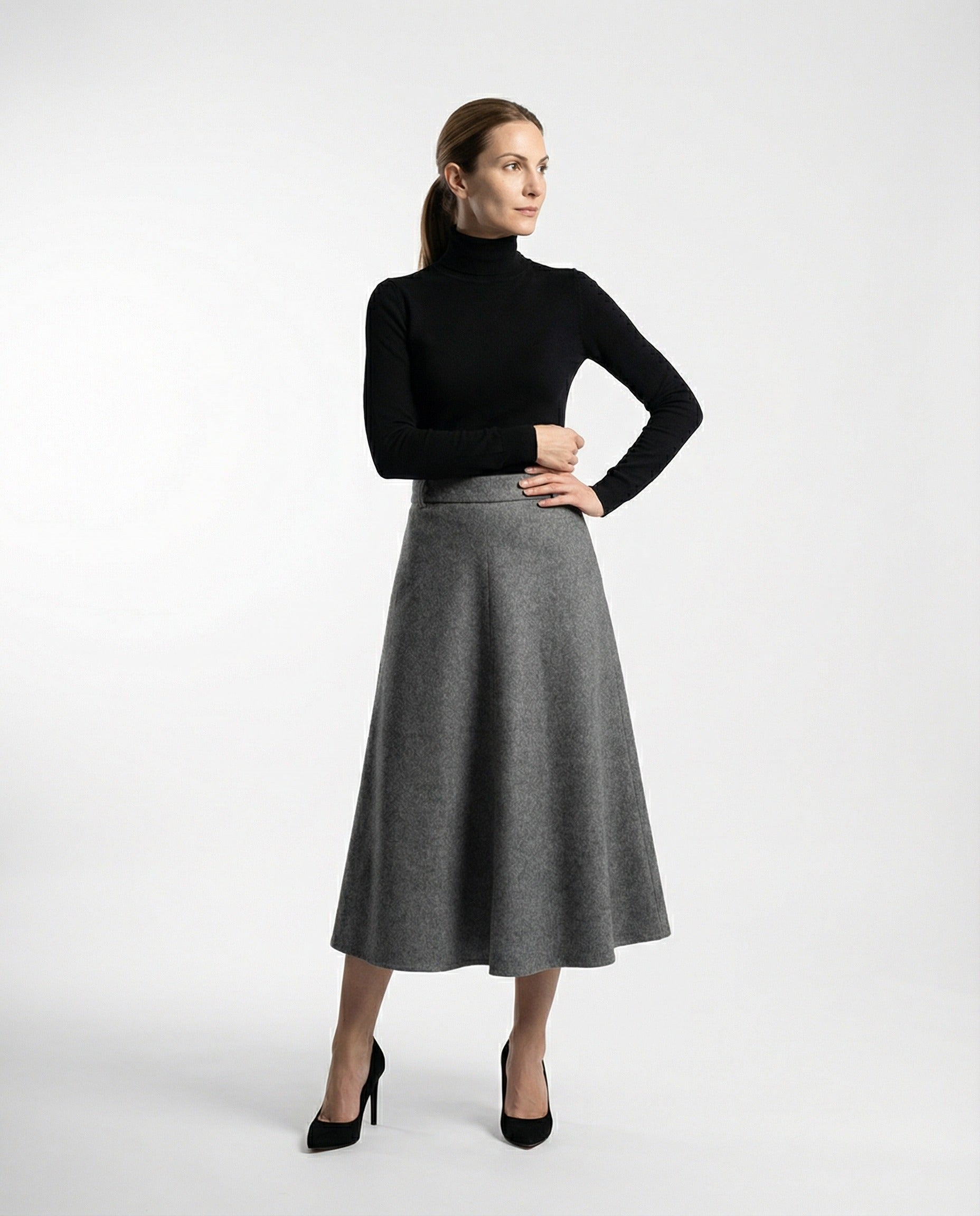 BRUNELLO CUCINELLI WOMEN'S MEDIUM GREY VIRGIN WOOL MIDI SKIRT