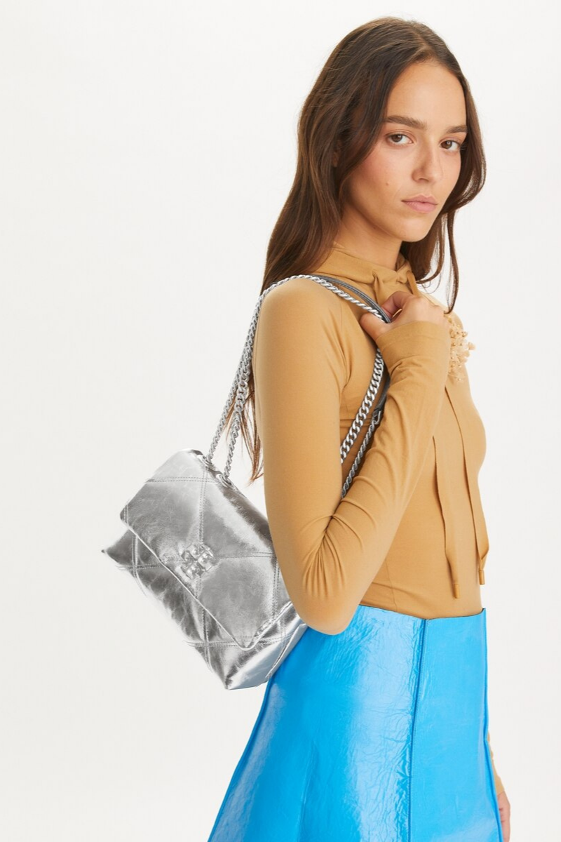 Tory Burch Kira Metallic Diamond Quilt Small Convertible Shoulder Bag Silver 158772-040