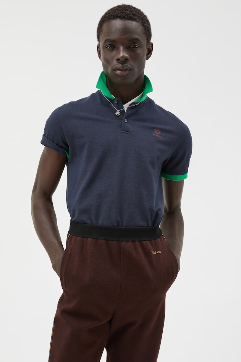 Versace Logo Embroidered Pique Polo Shirt-Green