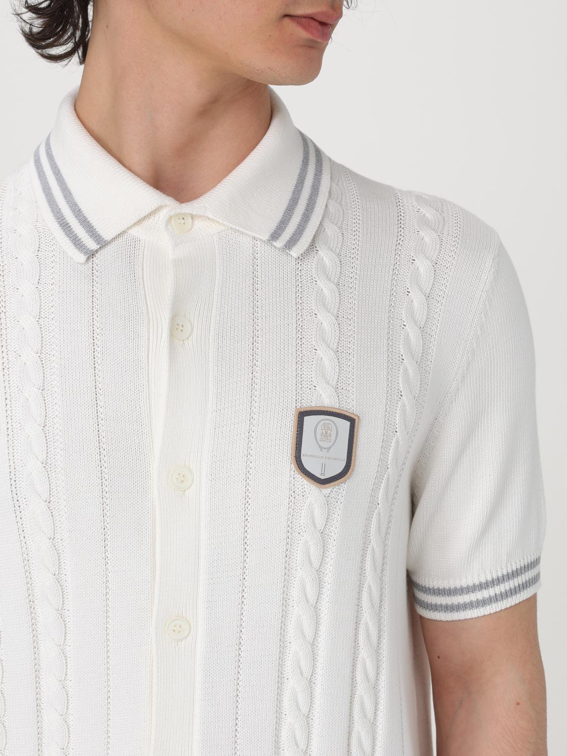 BRUNELLO CUCINELLI MEN'S IVORY CABLE-KNIT POLO SHIRT