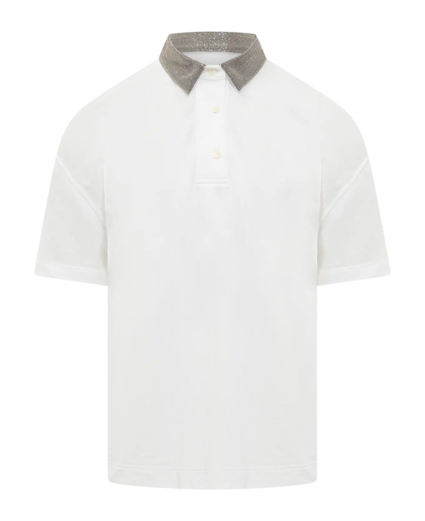 BRUNELLO CUCINELLI WOMEN'S WHITE POLO WITH EMBELLISHED COLLAR