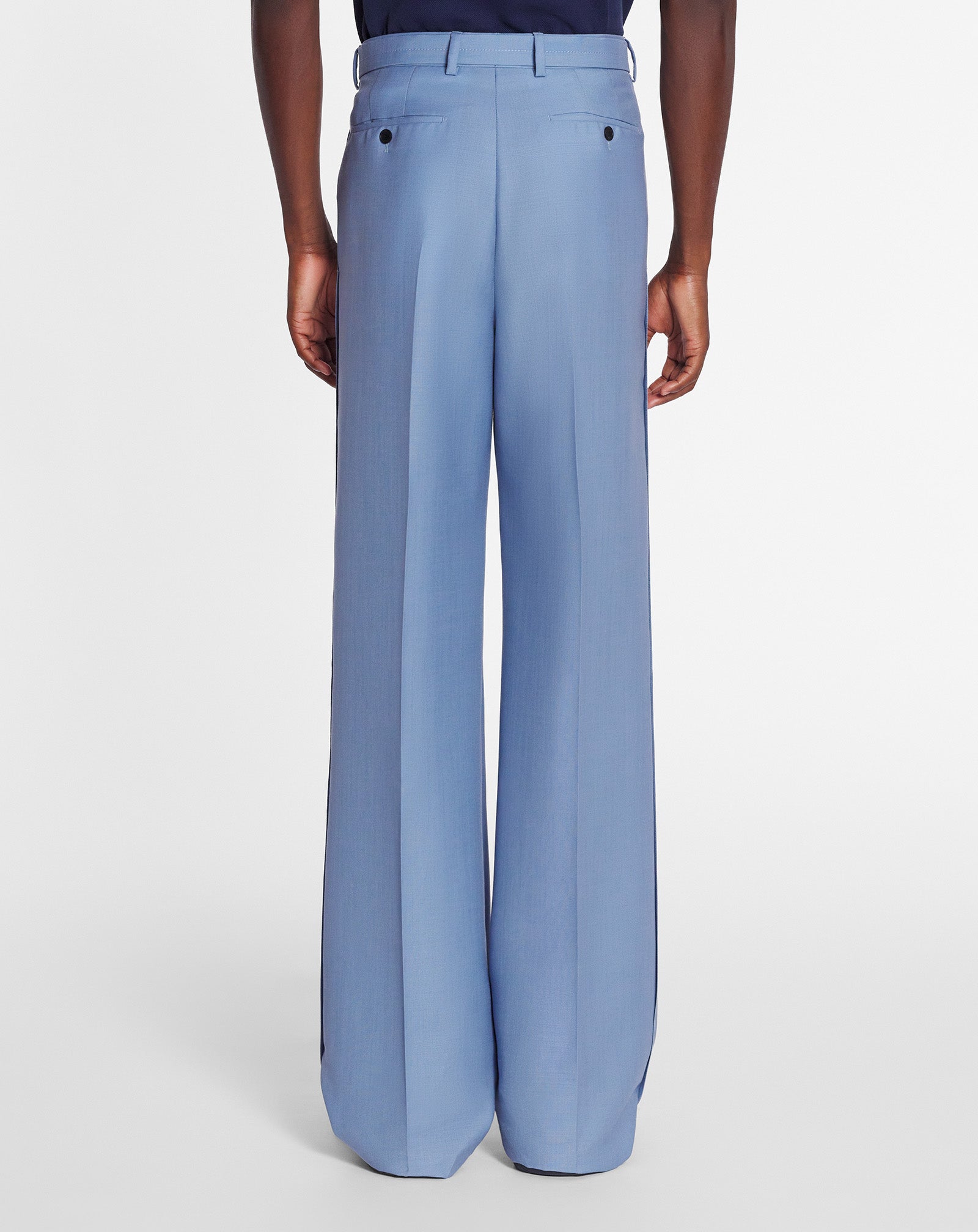 LANVIN MEN'S BLUE VIRGIN WOOL WIDE LEG TROUSERS