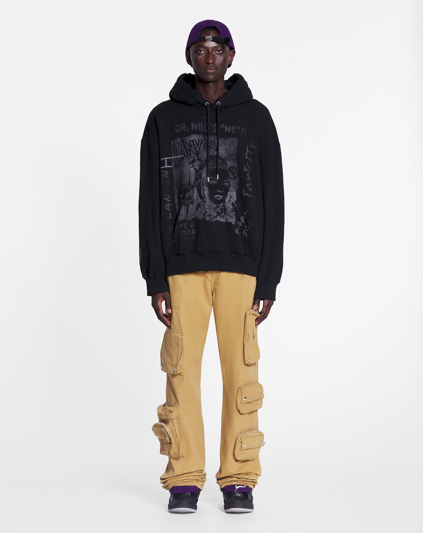 LANVIN UNISEX'S BLACK PRINTED KNIT HOODIE