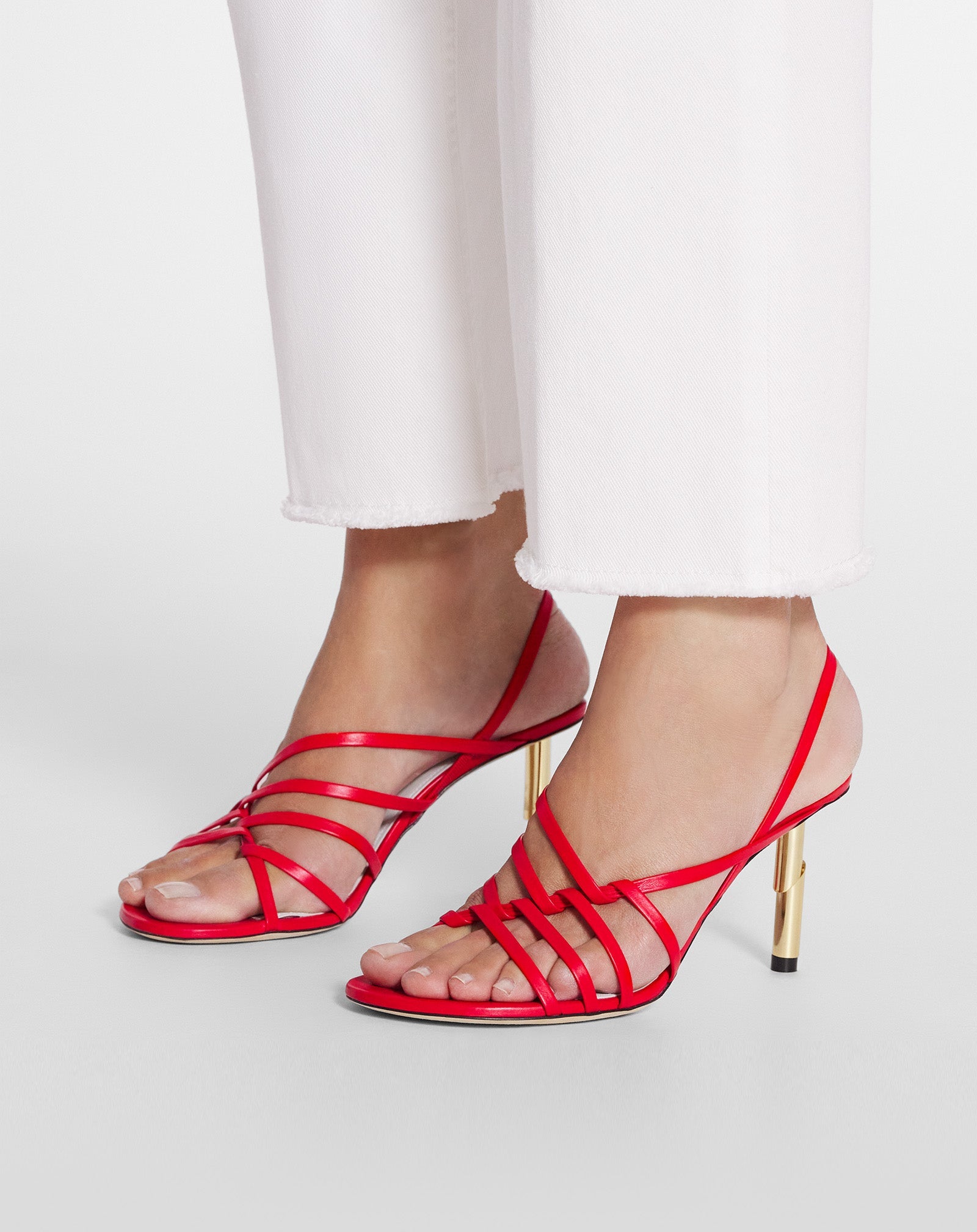 LANVIN WOMEN'S RED LEATHER STRAPPY HEELED SANDALS