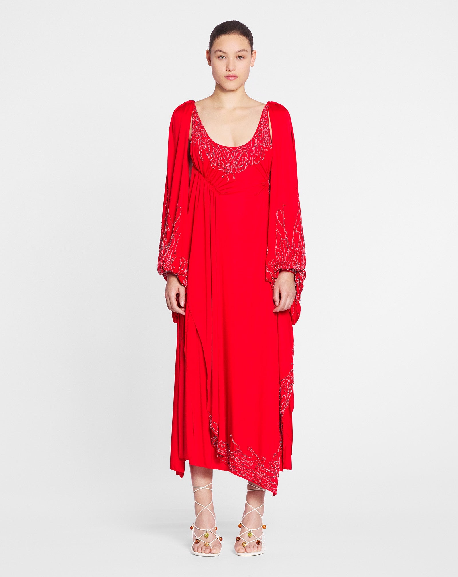 LANVIN WOMEN'S RED EMBROIDERED DRESS WITH OPEN SLEEVES
