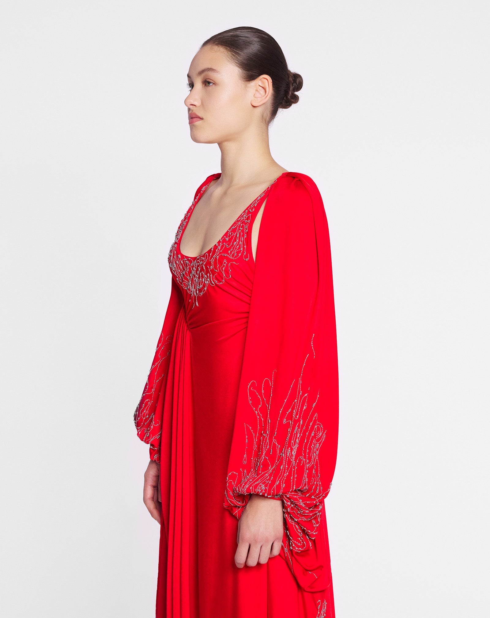 LANVIN WOMEN'S RED EMBROIDERED DRESS WITH OPEN SLEEVES