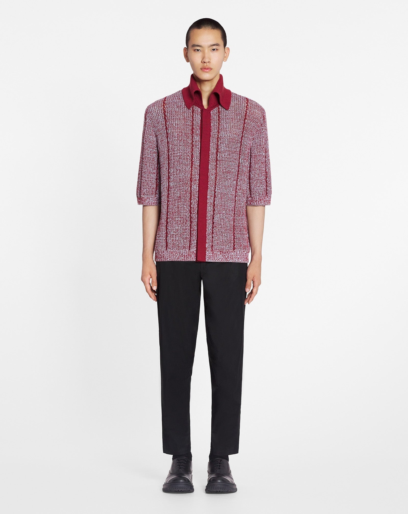 LANVIN MEN'S RED MULTICOLOR LACE KNIT CARDIGAN