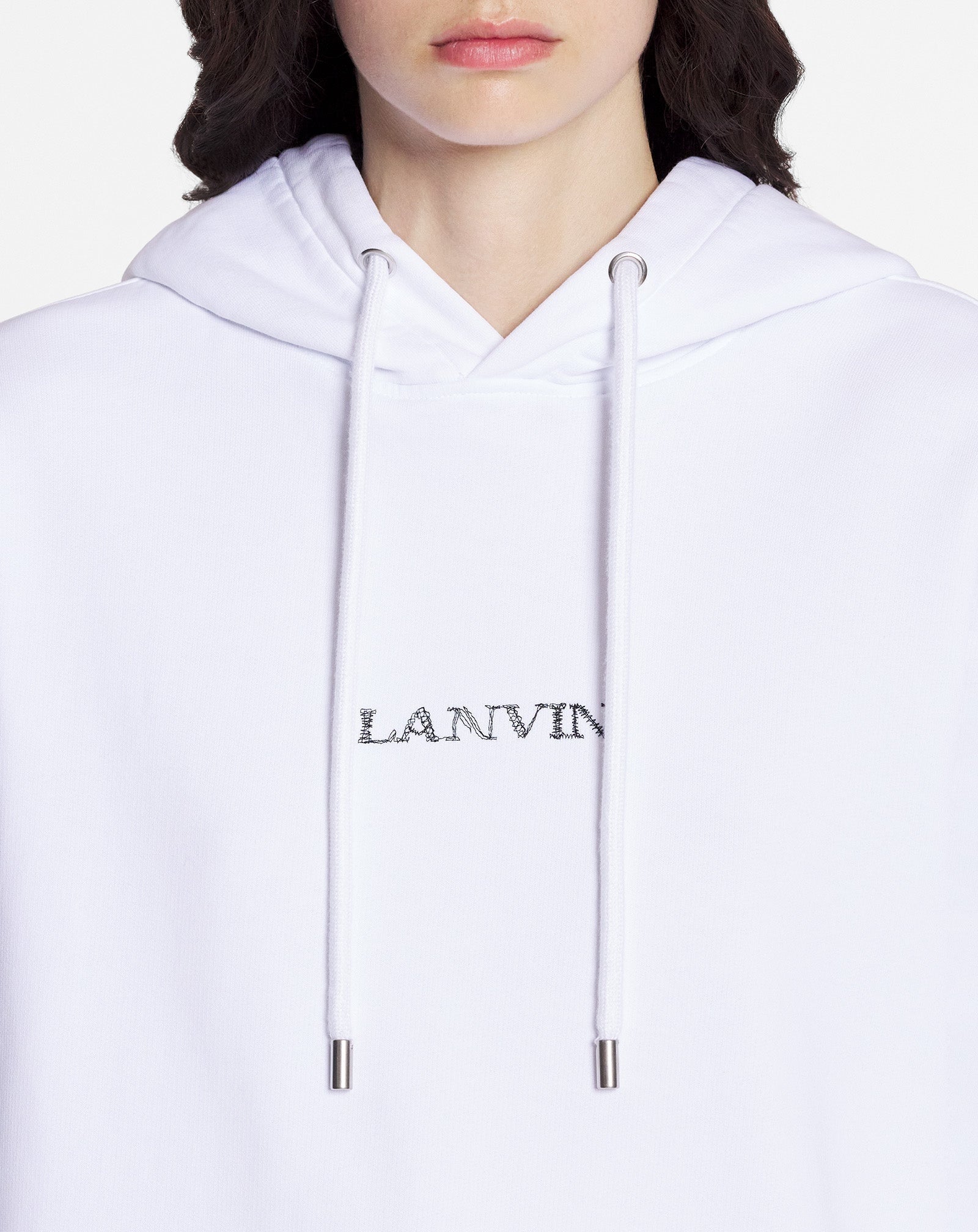 LANVIN UNISEX'S OPTIC WHITE EMBROIDERED OVERSIZED HOODIE
