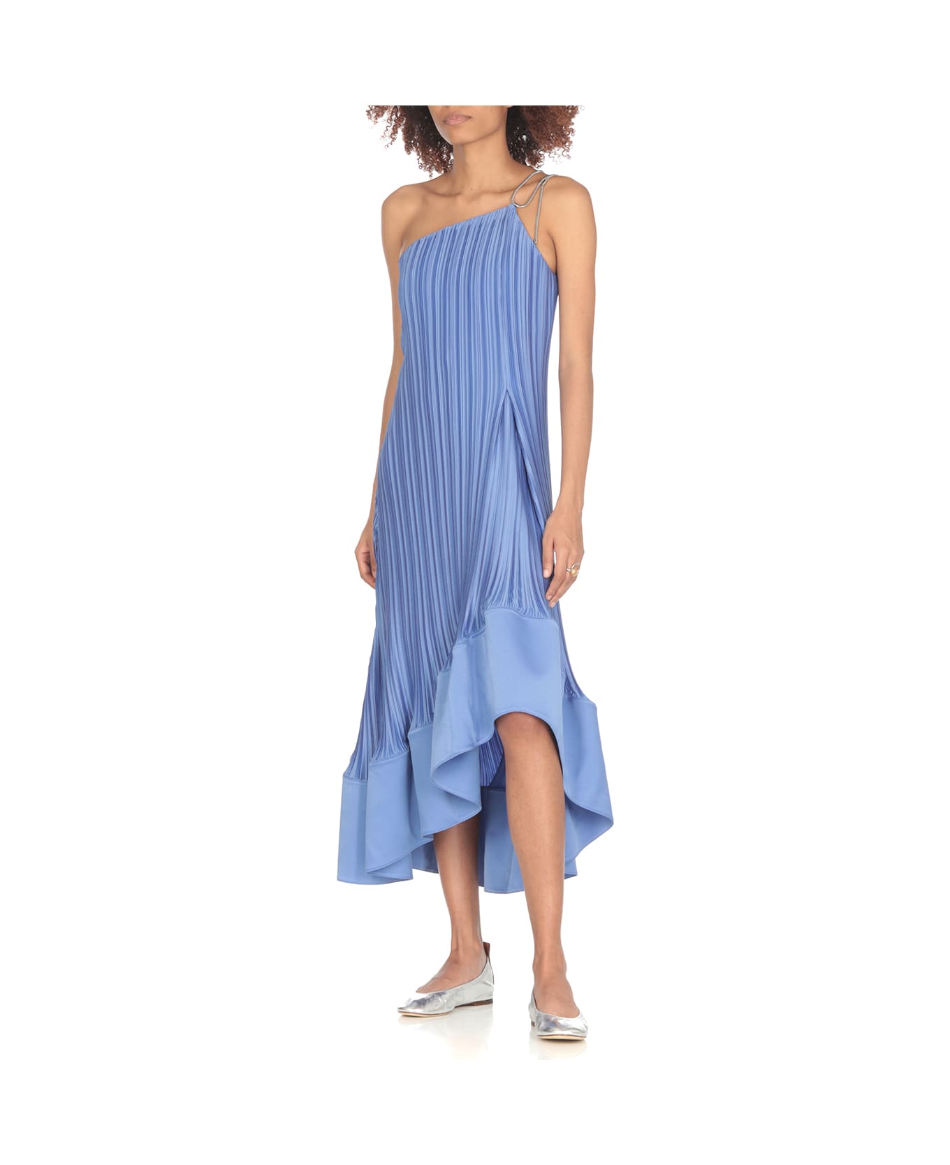 LANVIN WOMEN'S BLUE PLEATED ASYMMETRIC CASCADE DRESS