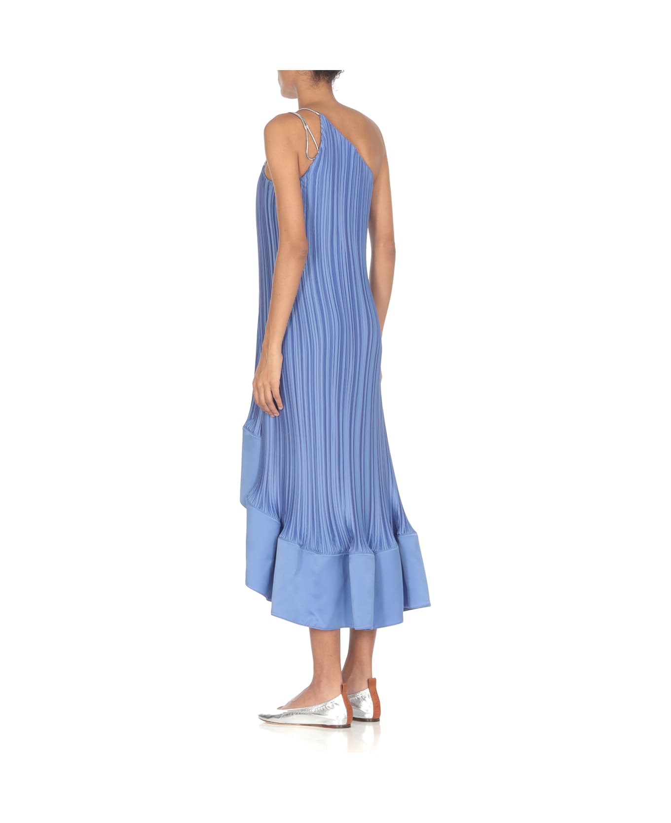 LANVIN WOMEN'S BLUE PLEATED ASYMMETRIC CASCADE DRESS