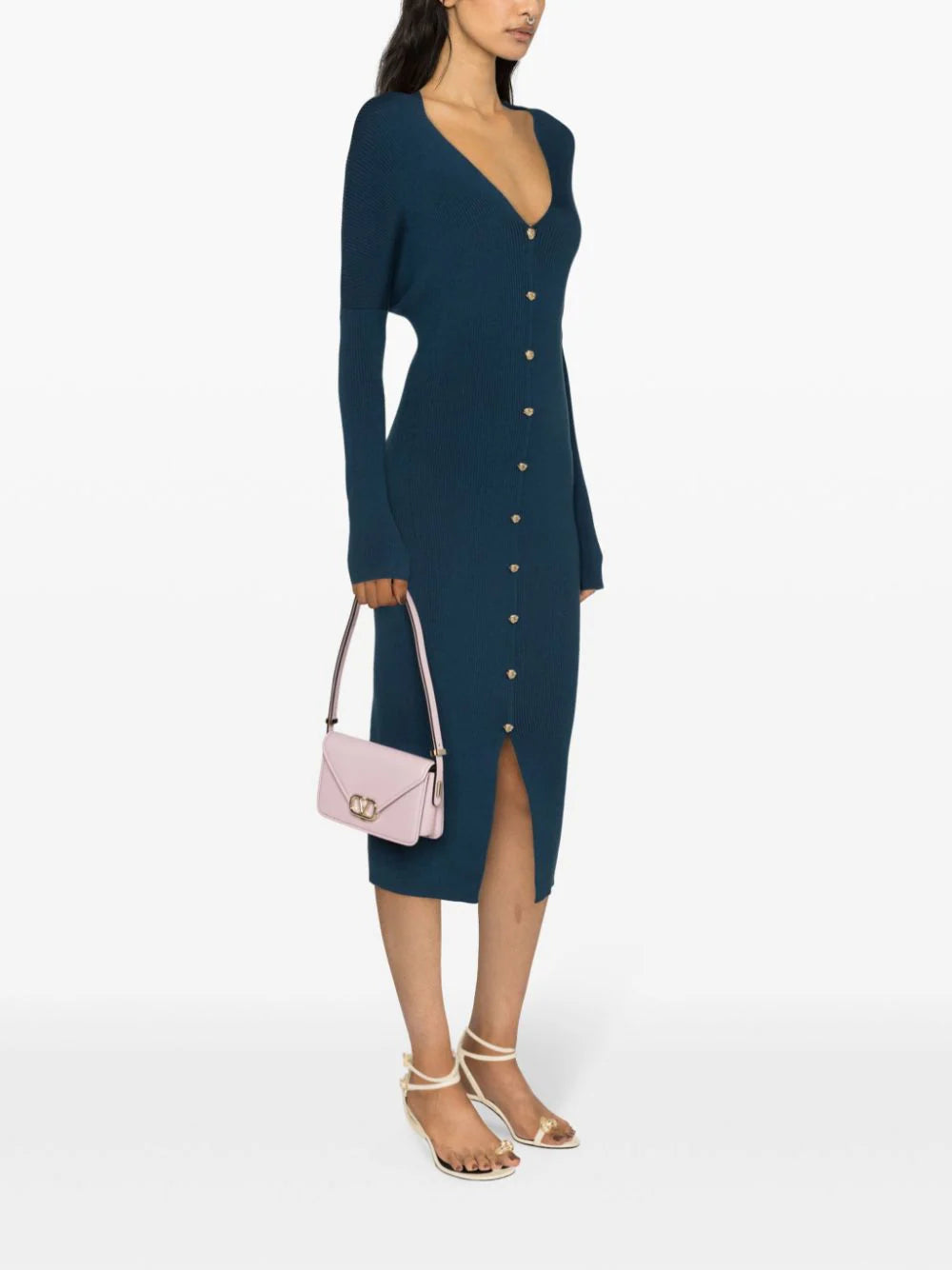 LANVIN WOMEN'S SAPPHIRE RIBBED LONG BUTTONED DRESS