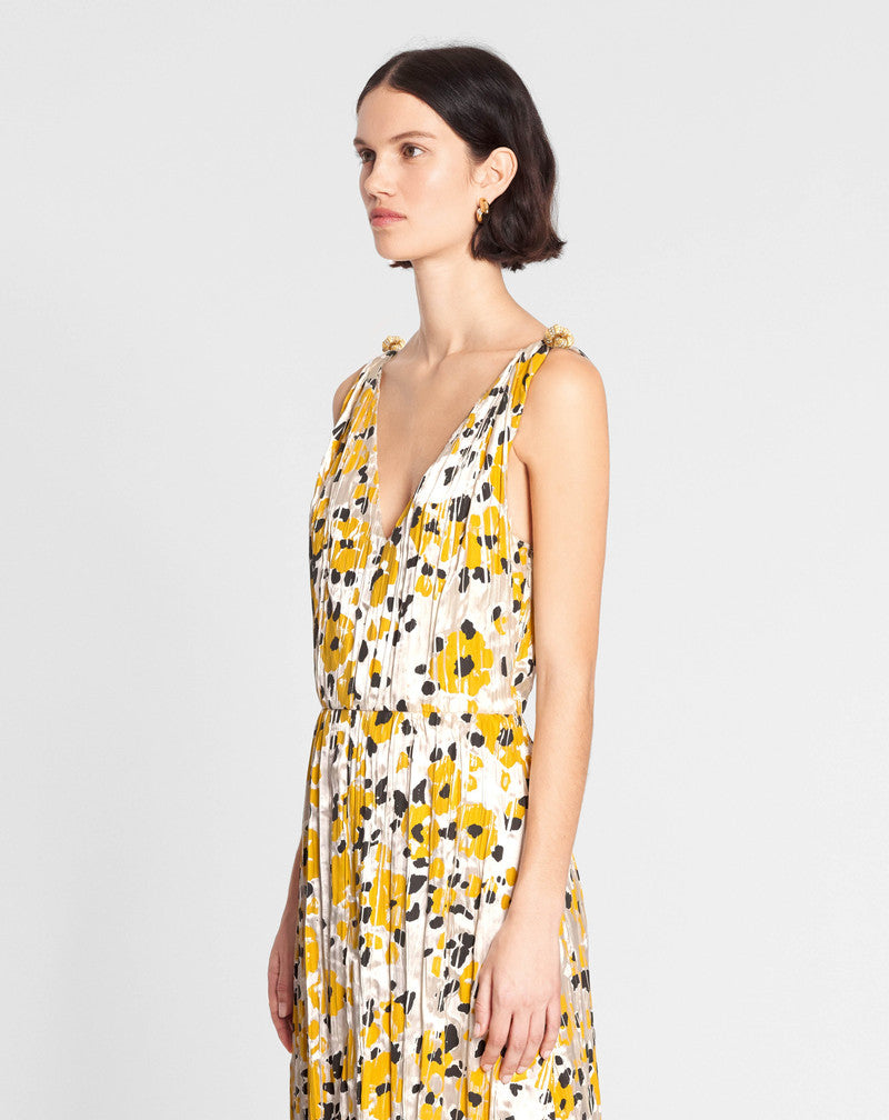LANVIN WOMEN'S YELLOW FLORAL SLEEVELESS A-LINE MIDI DRESS