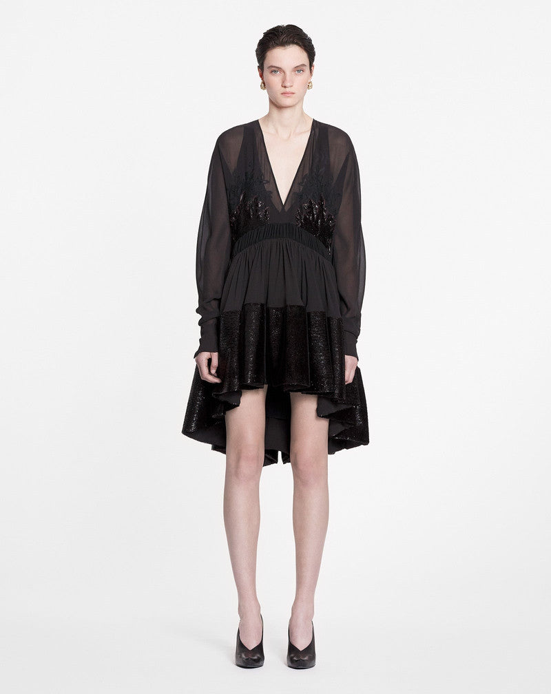 LANVIN WOMEN'S ESPRESSO LACE V-NECK FLARED DRESS