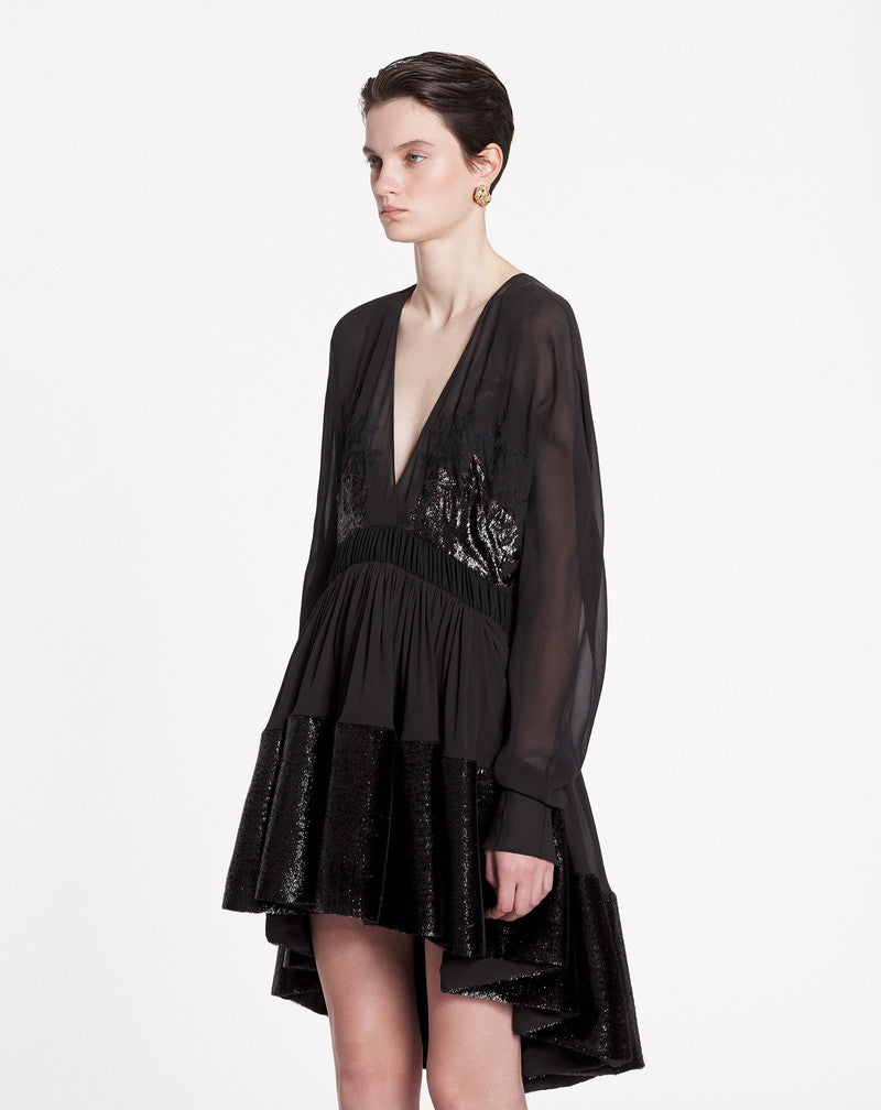 LANVIN WOMEN'S ESPRESSO LACE V-NECK FLARED DRESS