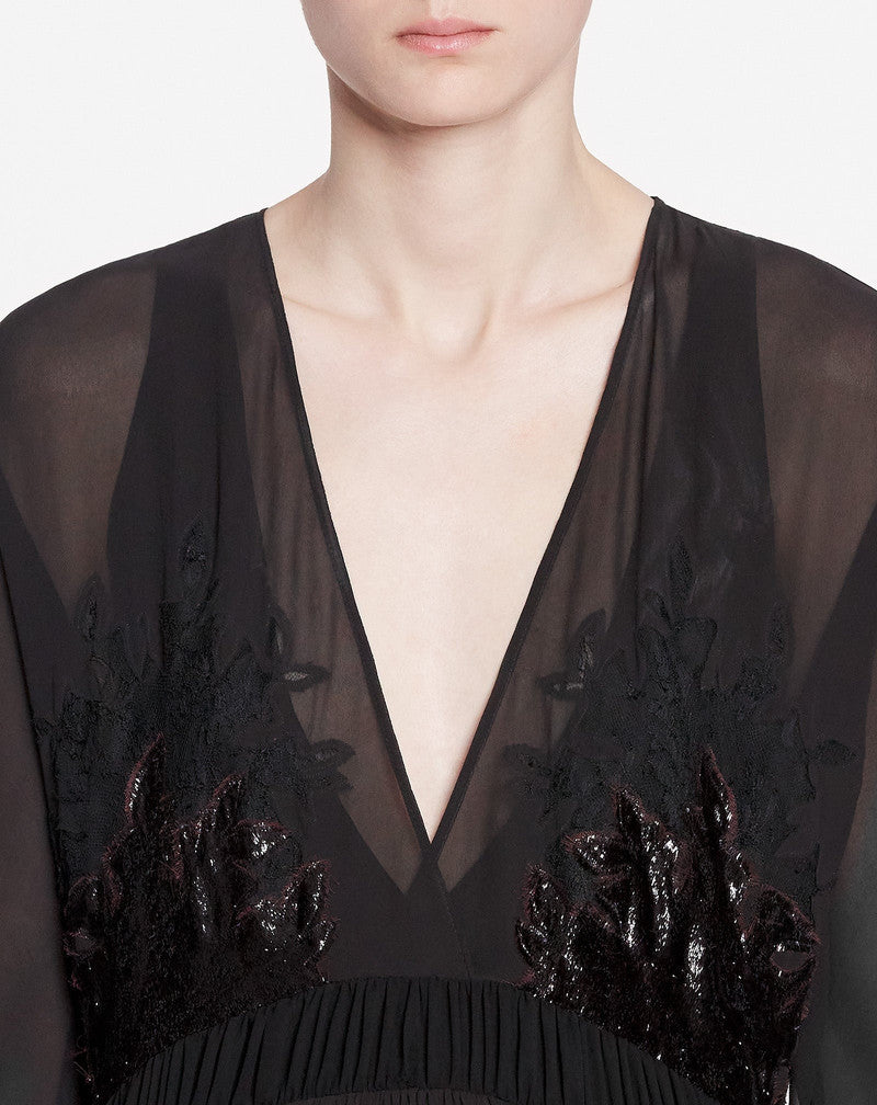LANVIN WOMEN'S ESPRESSO LACE V-NECK FLARED DRESS