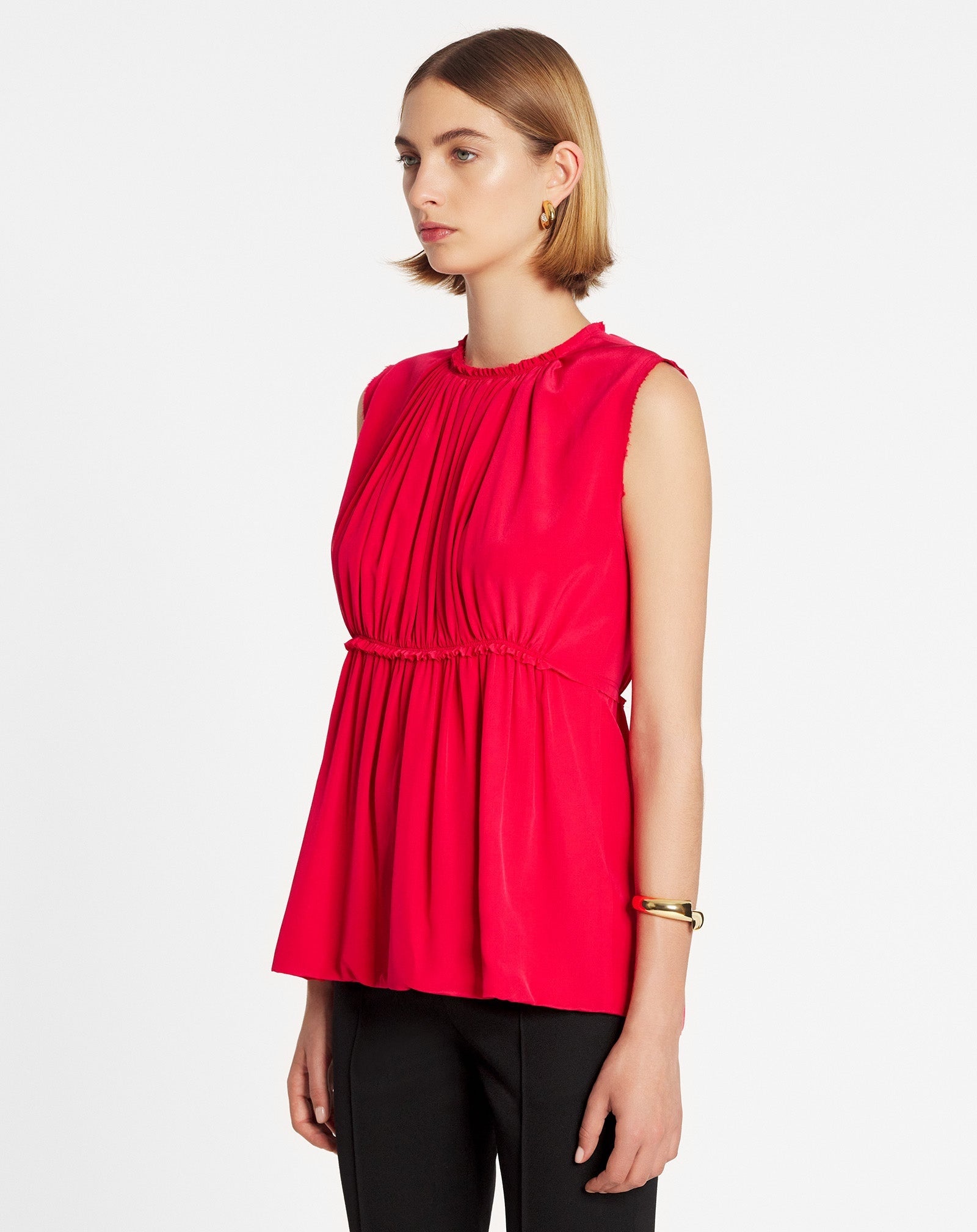 LANVIN WOMEN'S RED SILK SLEEVELESS WAISTED TOP