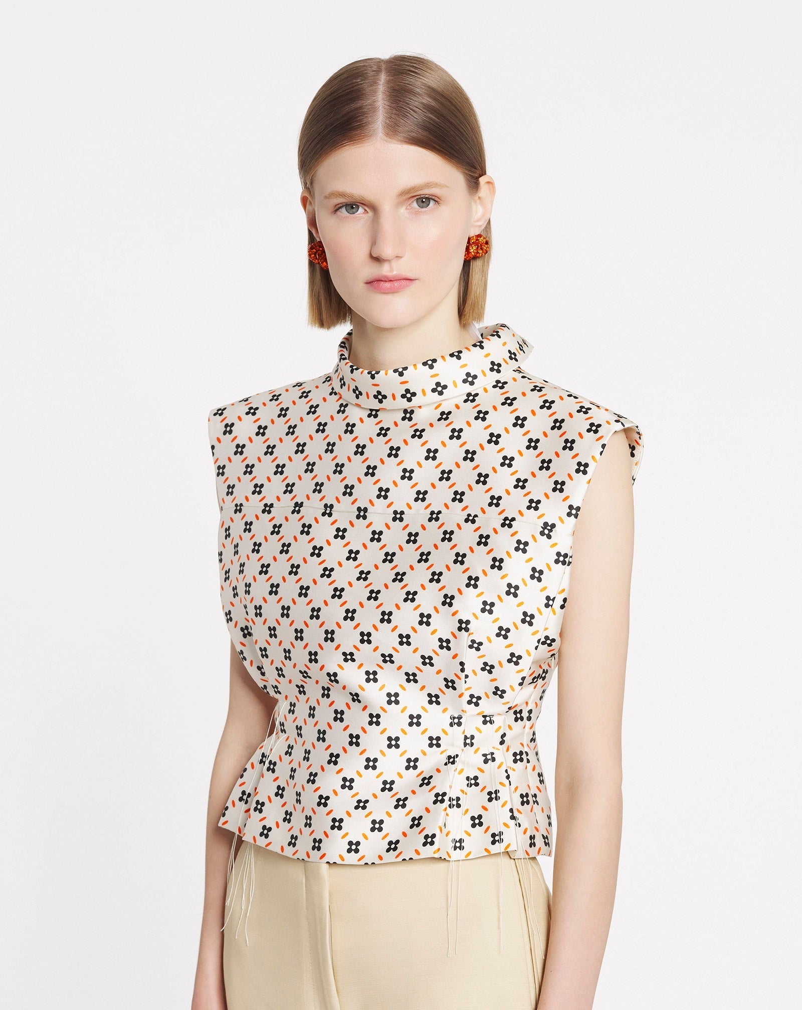 LANVIN WOMEN'S CREAM PATTERNED SLEEVELESS CROPPED TOP