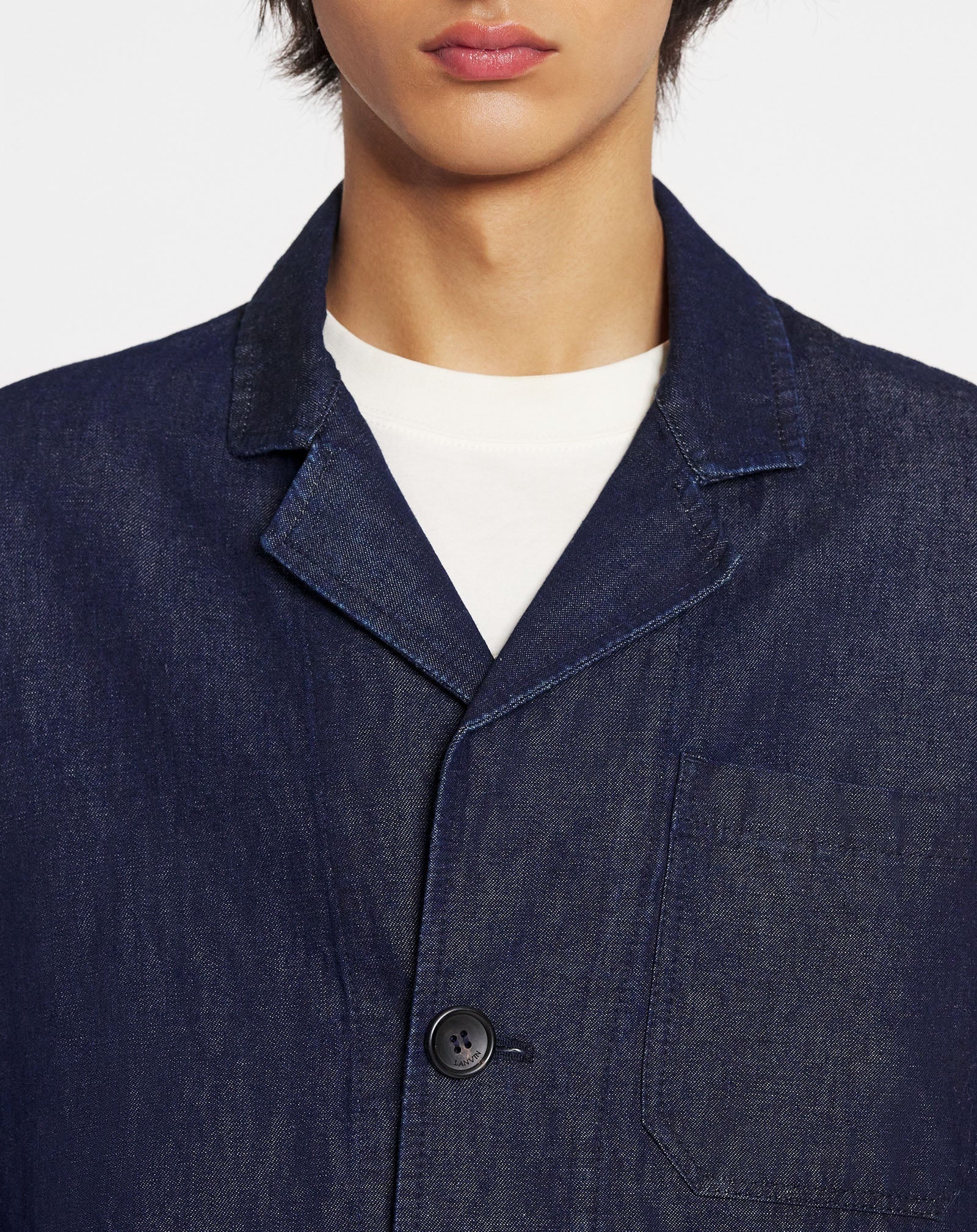 LANVIN MEN'S NAVY LINEN BLEND DENIM JACKET