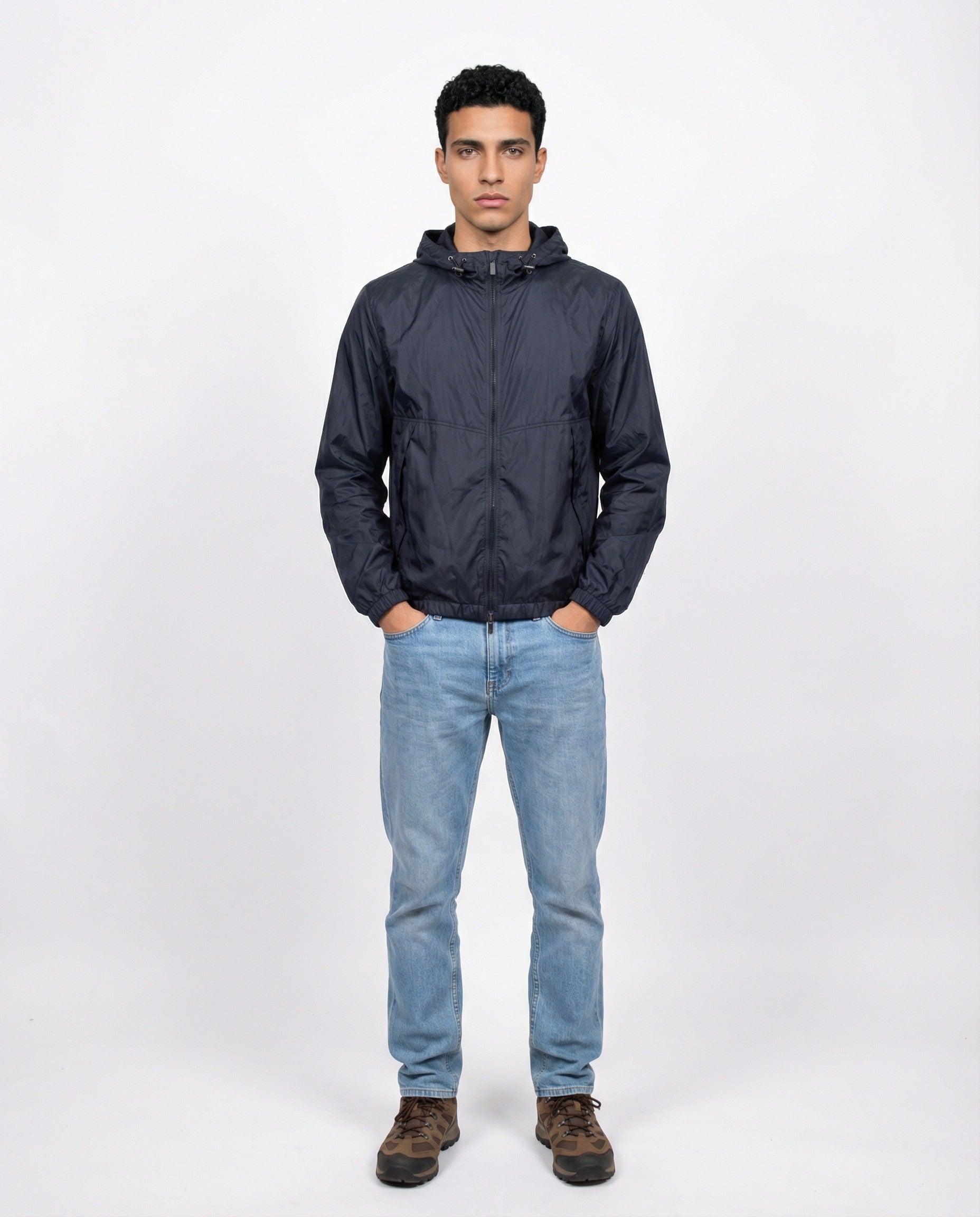PESERICO MEN'S NAVY LIGHTWEIGHT HOODED WINDBREAKER JACKET