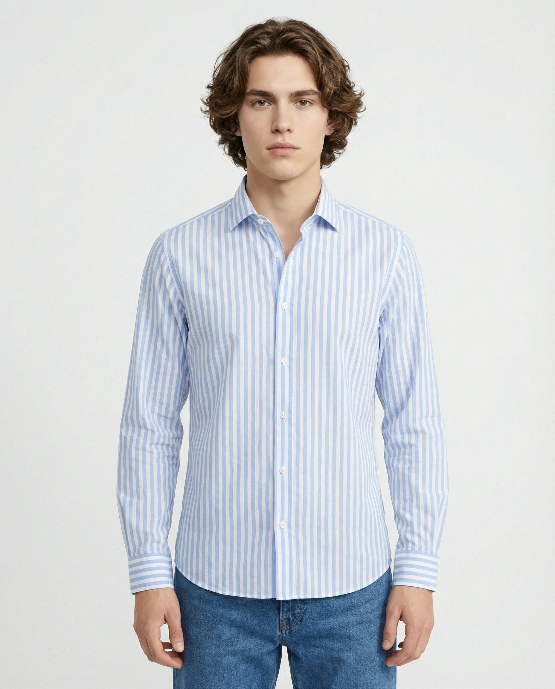 PESERICO MEN'S LIGHT BLUE STRIPED BUTTON-DOWN SHIRT