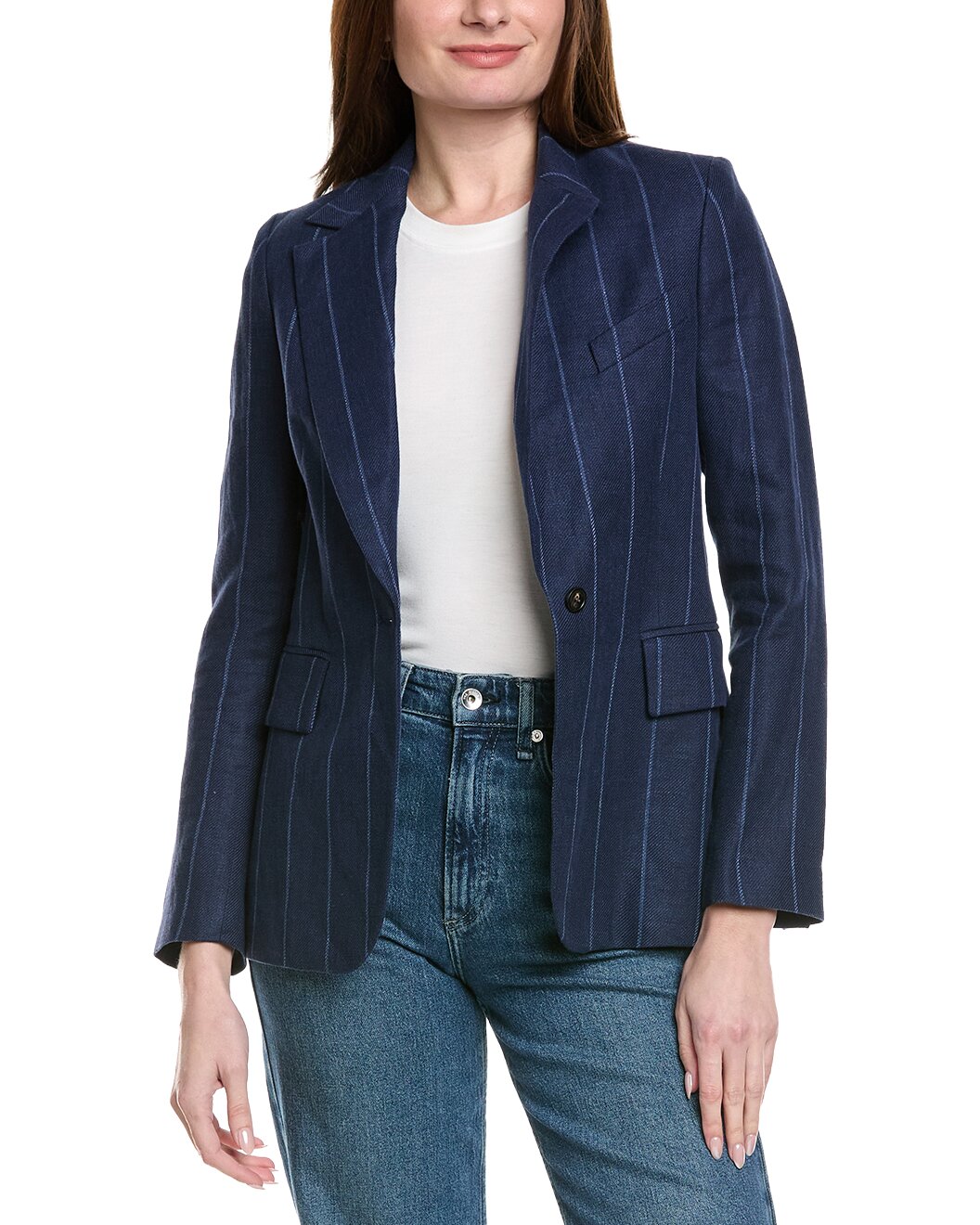 ELEVENTY WOMEN'S NAVY SINGLE-BREASTED PINSTRIPE BLAZER