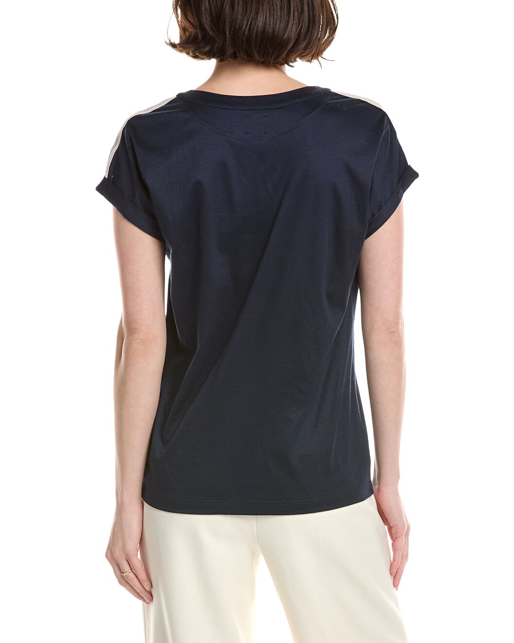 ELEVENTY WOMEN'S NAVY V-NECK T-SHIRT WITH STRIPE