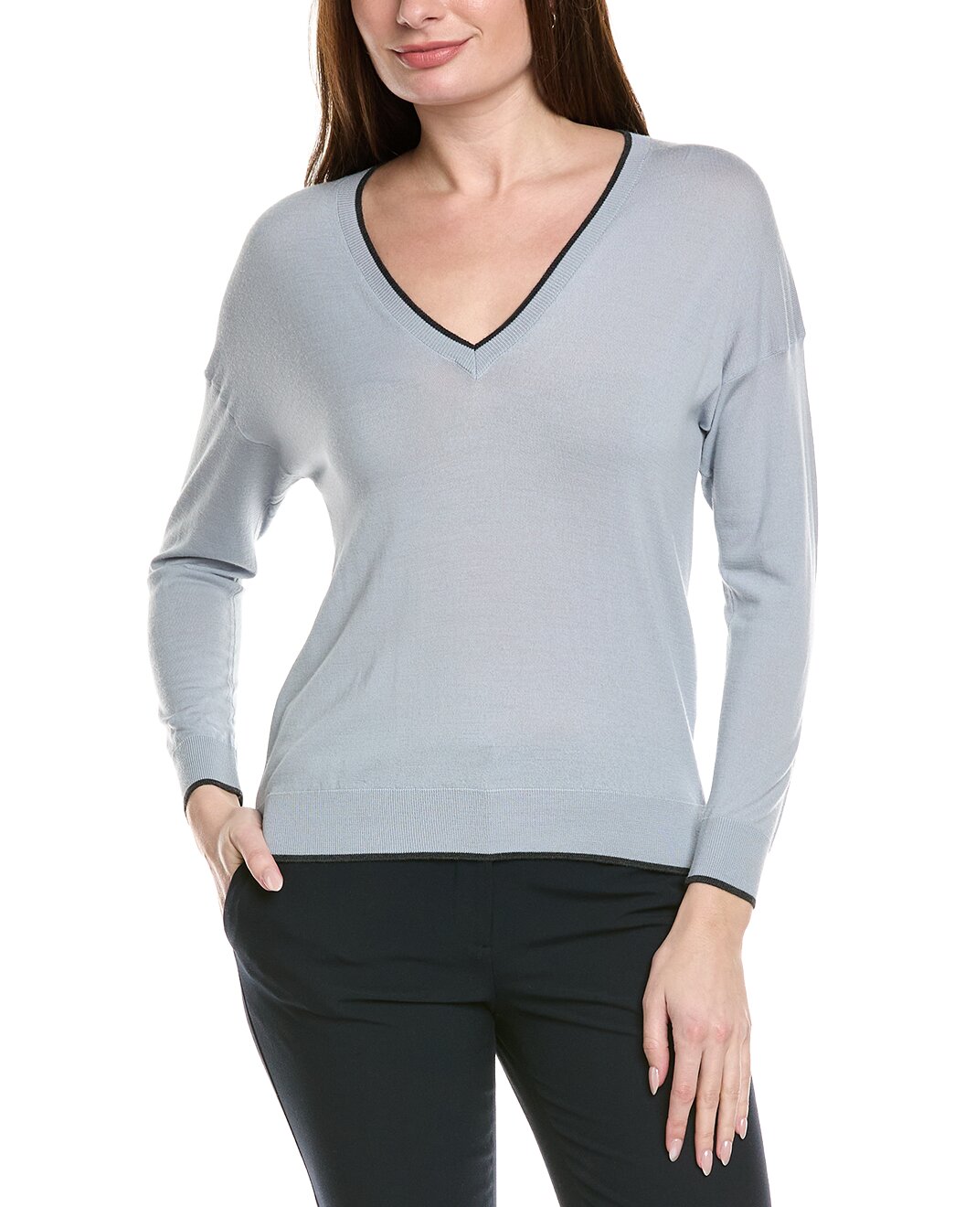 ELEVENTY WOMEN'S DENIM V-NECK KNIT SWEATER WITH TIPPING