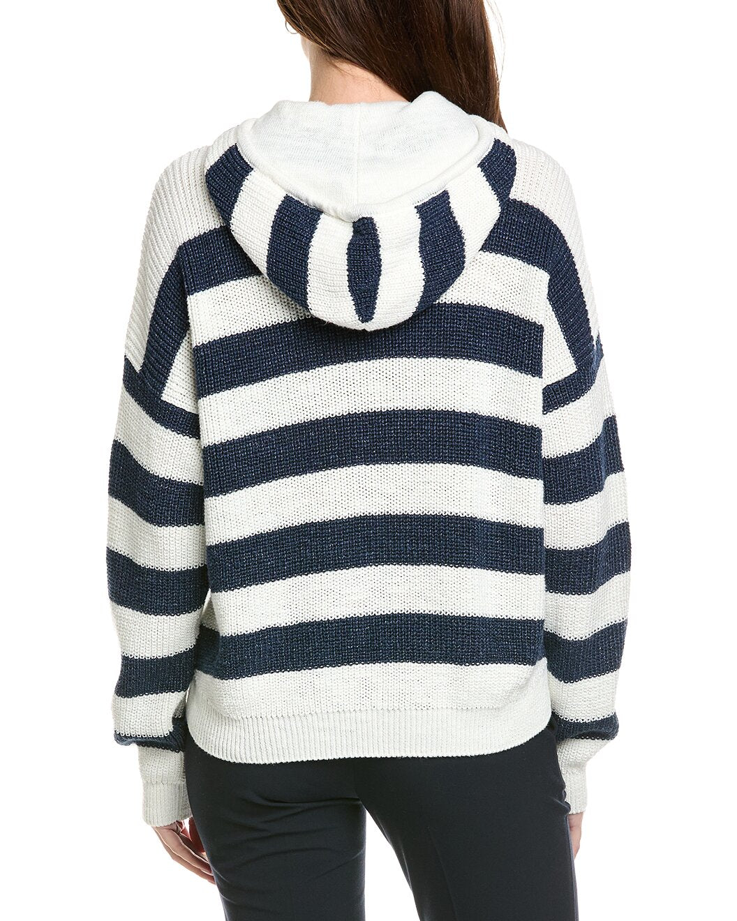 ELEVENTY WOMEN'S WHITE NAVY STRIPED HOODED SWEATER