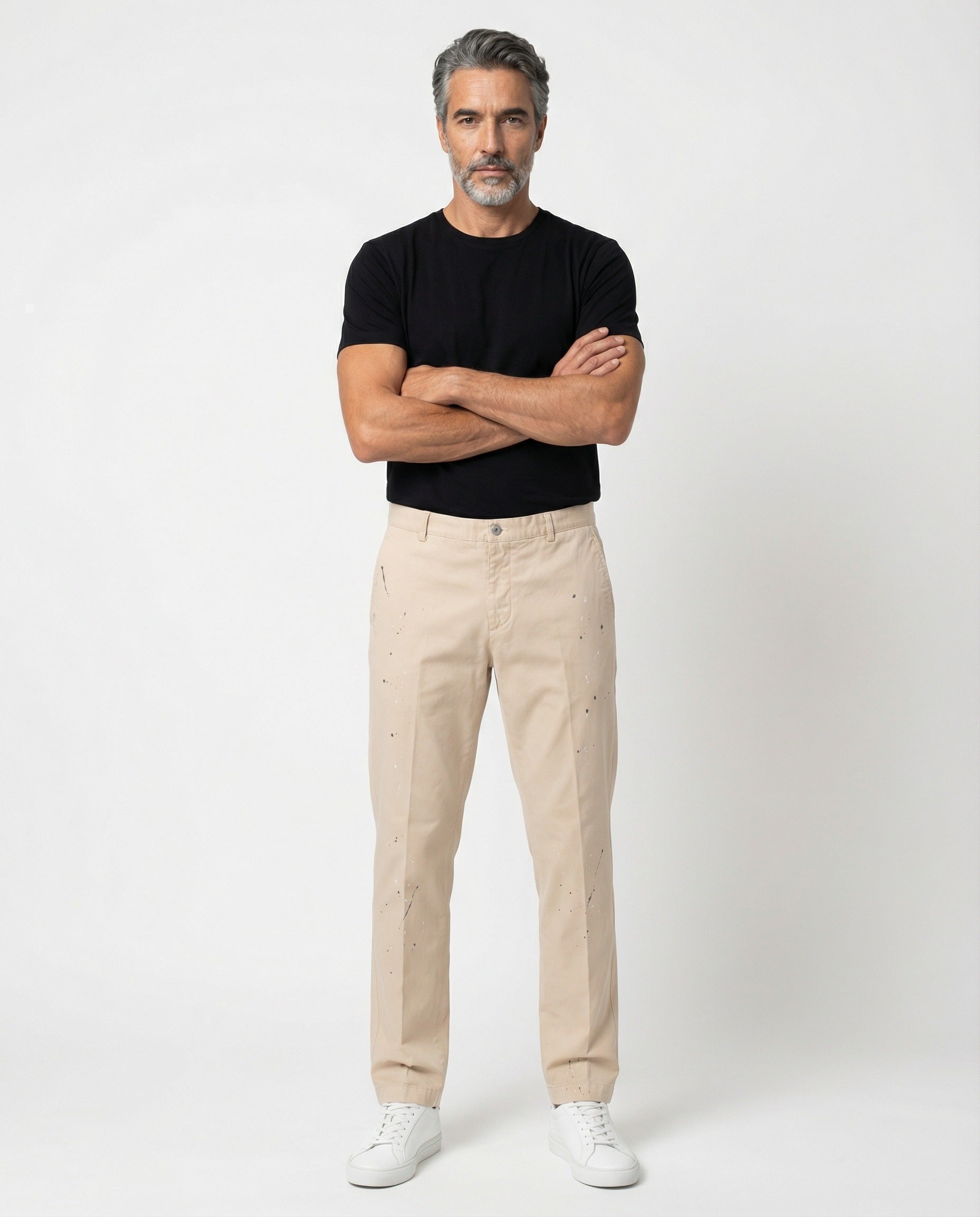 PESERICO MEN'S BEIGE TAILORED TROUSERS WITH SPLATTER DETAIL