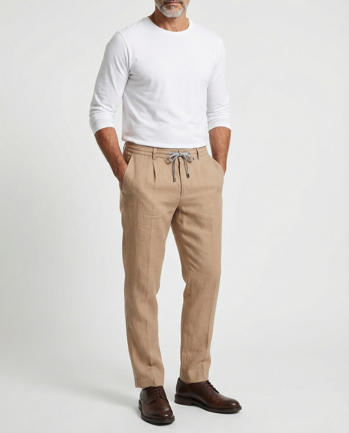 PESERICO MEN'S BEIGE LINEN CASUAL TROUSERS
