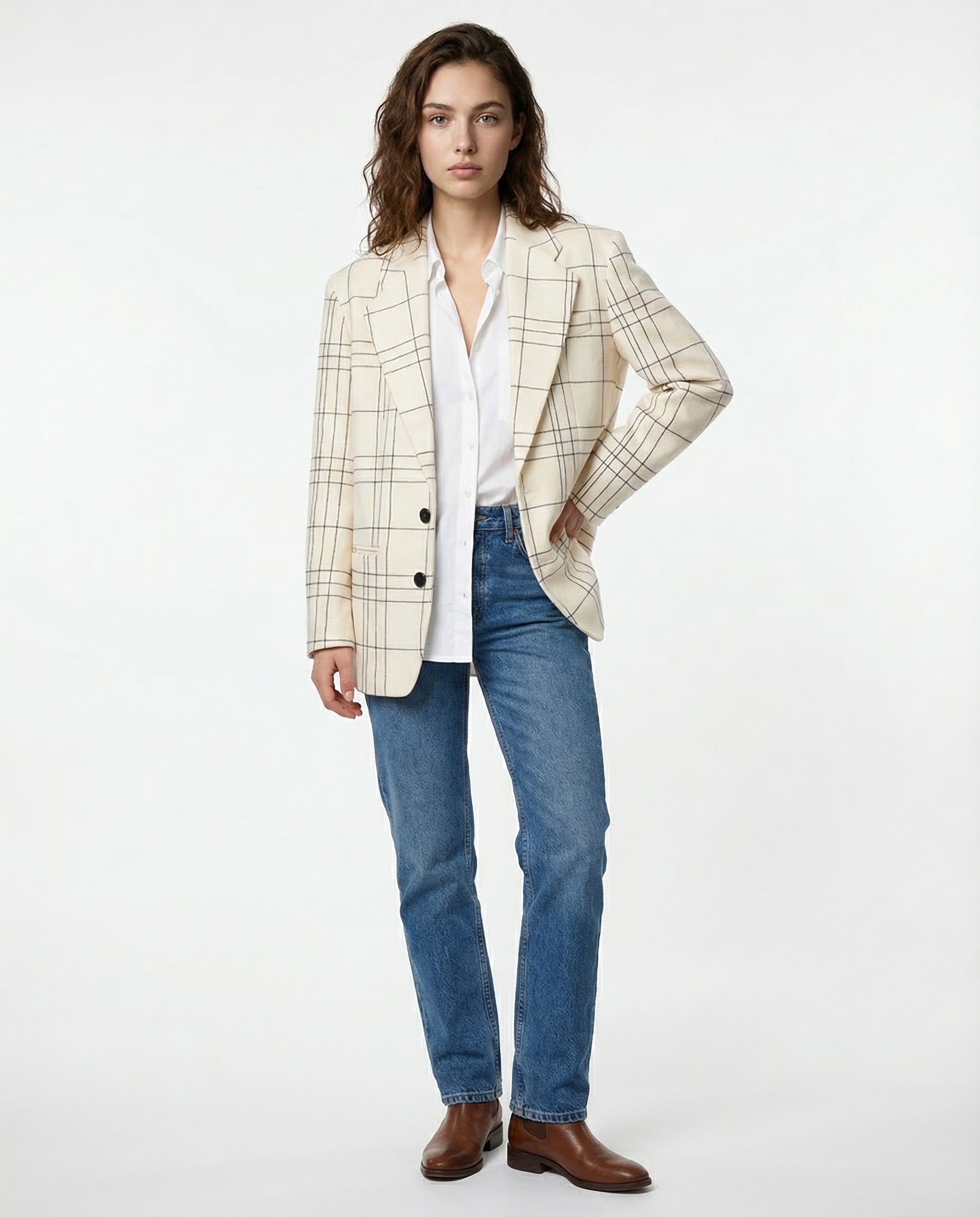 MARNI WOMEN'S STONE WHITE VIRGIN WOOL RELAXED BLAZER WINDOWPANE CHECK