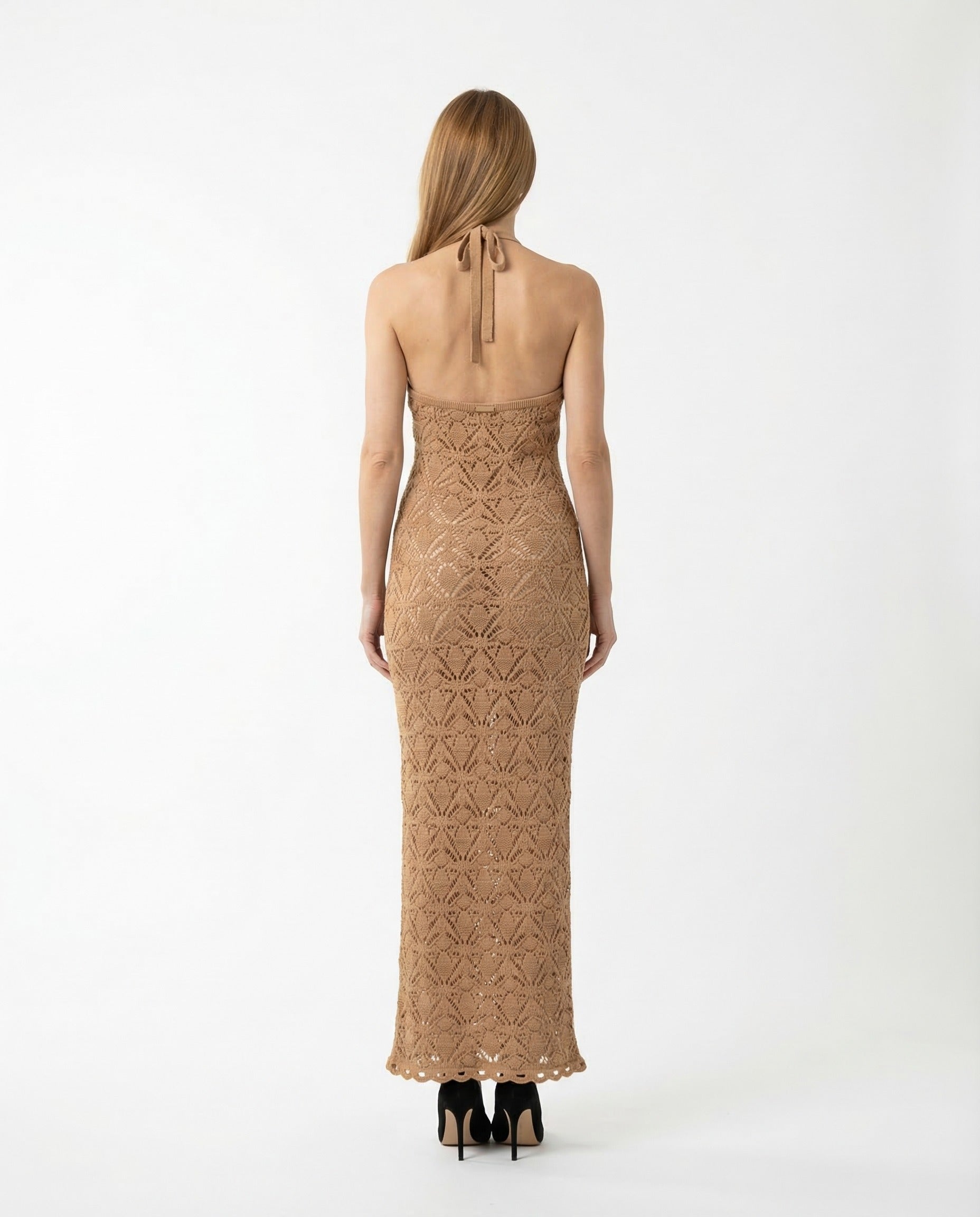 BALMAIN WOMEN'S TAN WOOL CROCHET MAXI DRESS
