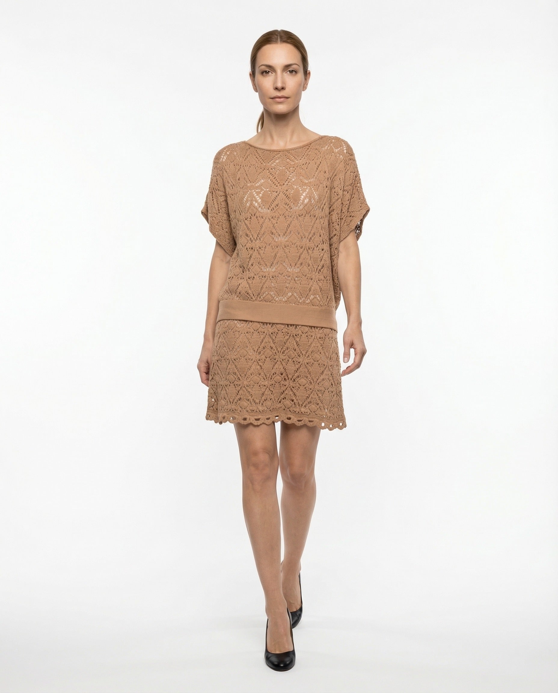 BALMAIN WOMEN'S BROWN WOOL CROCHET DRESS